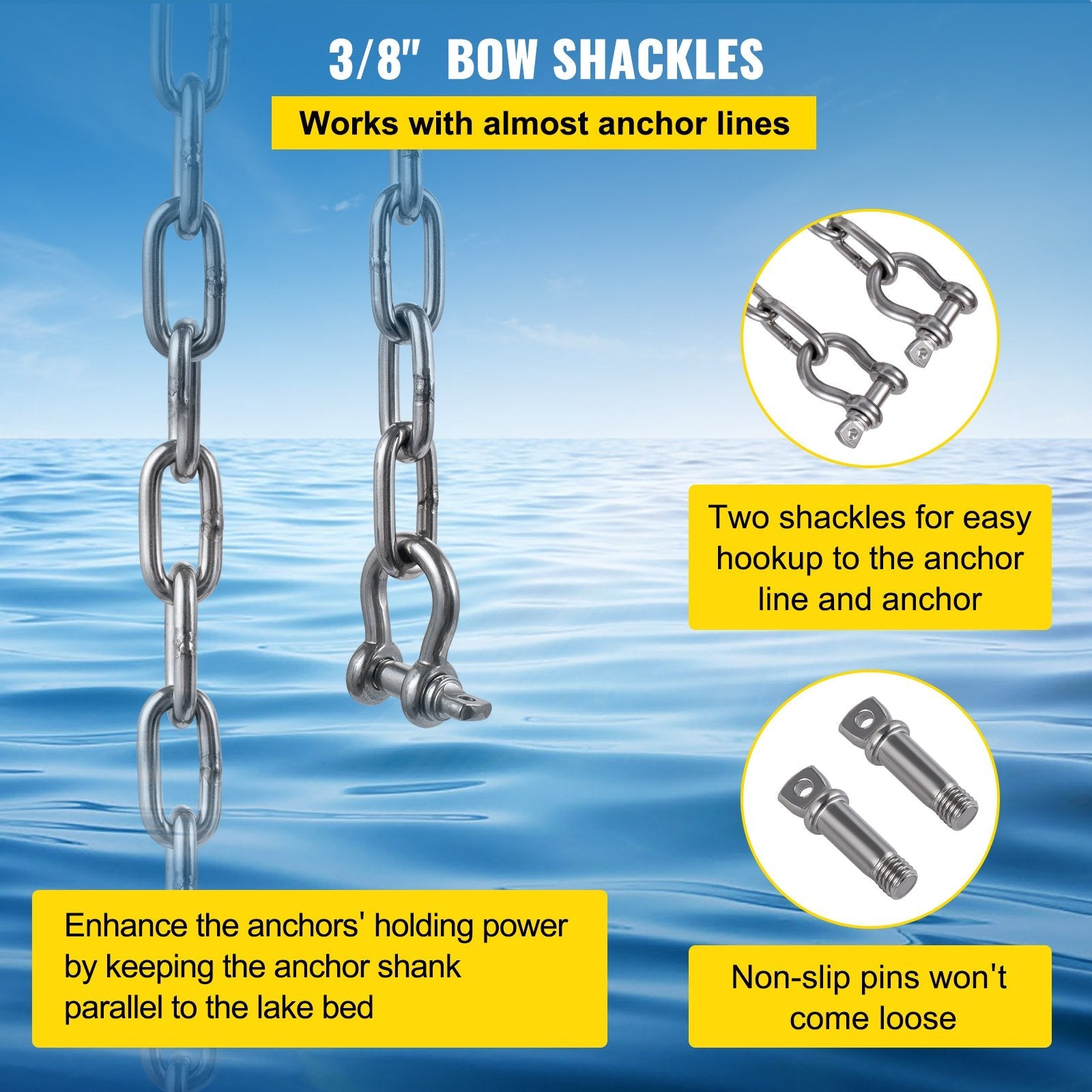 VEVOR Anchor Chain, 10 ft x 5/16 in Stainless Steel Chain, 3/8" Anchor Chain Shackle, 7120lbs Anchor Lead Chain Breaking Load, 9460lbs Anchor Chain Shackle Breaking Load, Anchor Chain for Boats 