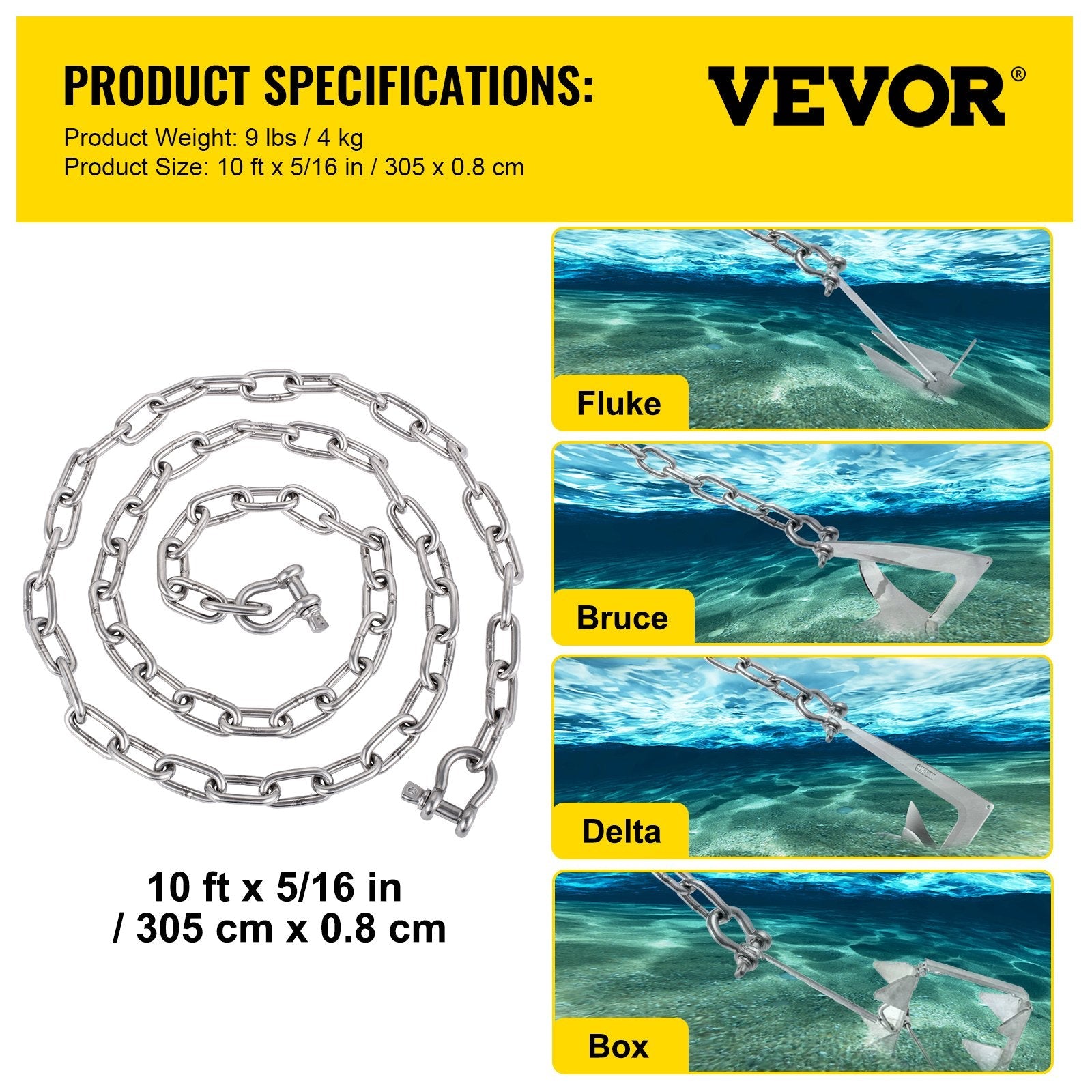 VEVOR Anchor Chain, 10 ft x 5/16 in Stainless Steel Chain, 3/8" Anchor Chain Shackle, 7120lbs Anchor Lead Chain Breaking Load, 9460lbs Anchor Chain Shackle Breaking Load, Anchor Chain for Boats 
