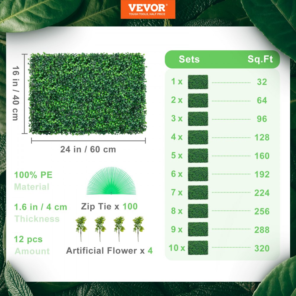 VEVOR 12pcs Artificial Boxwood Panel UV Boxwood Hedge Wall Panels Artificial Grass Backdrop Wall 24X16" 4cm Green Grass Wall Fake Hedge for Decor Privacy Fence Indoor Outdoor Garden Backyard 