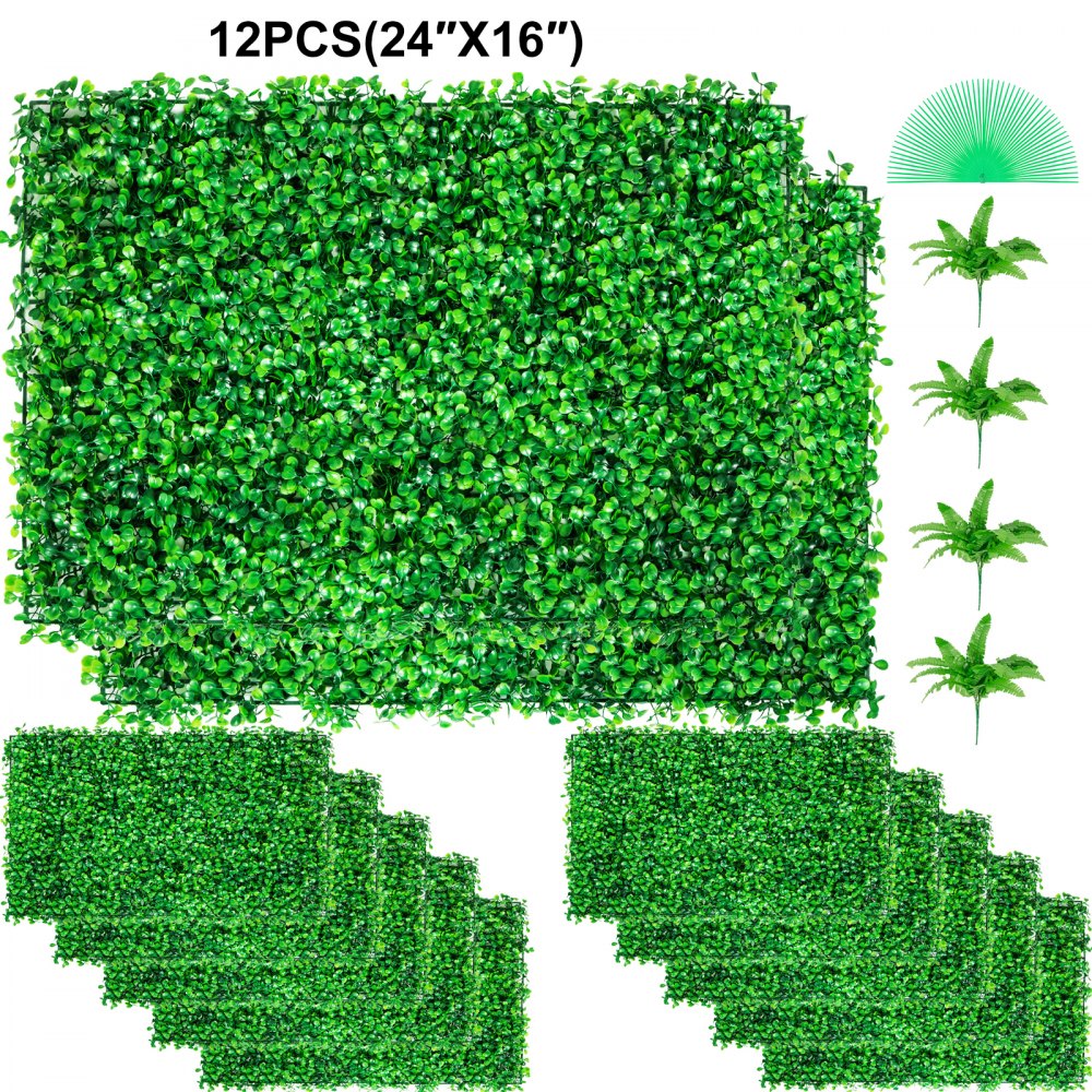 VEVOR 12pcs Artificial Boxwood Panel UV Boxwood Hedge Wall Panels Artificial Grass Backdrop Wall 24X16" 4cm Green Grass Wall Fake Hedge for Decor Privacy Fence Indoor Outdoor Garden Backyard 