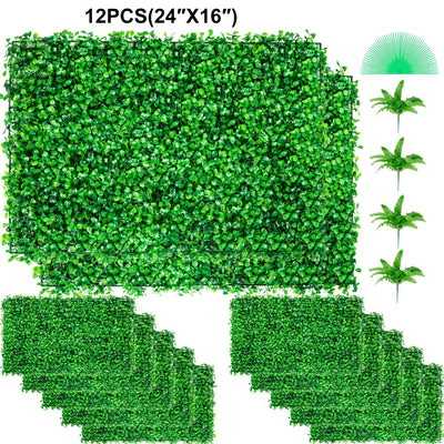 VEVOR 12pcs Artificial Boxwood Panel UV Boxwood Hedge Wall Panels Artificial Grass Backdrop Wall 24X16" 4cm Green Grass Wall Fake Hedge for Decor Privacy Fence Indoor Outdoor Garden Backyard 