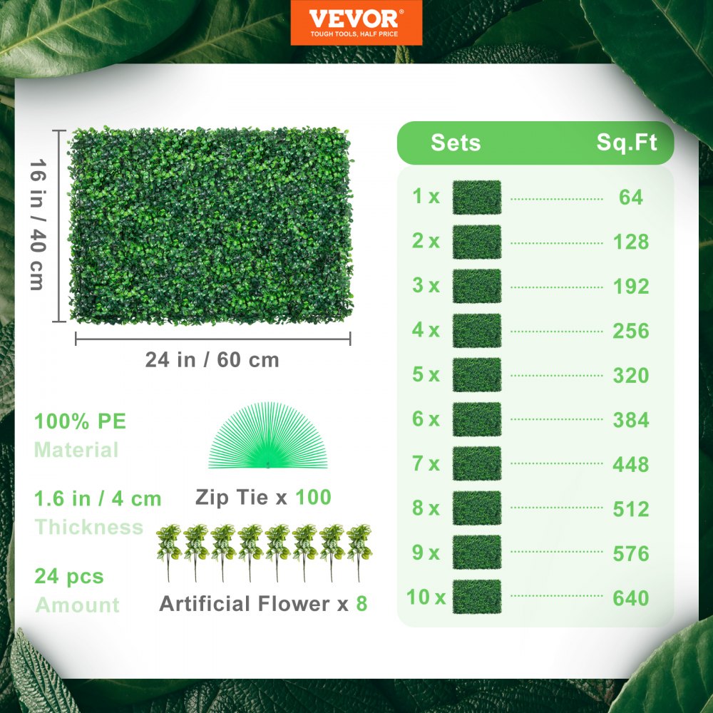 VEVOR Artificial Boxwood Panel UV 24pcs Boxwood Hedge Wall Panels Artificial Grass Backdrop Wall 24" X 16" 4 cm Green Grass Wall, Fake Hedge for Decor Privacy Fence Indoor, Outdoor Garden Backyard 