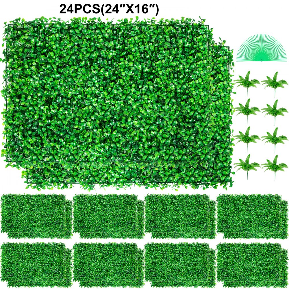 VEVOR Artificial Boxwood Panel UV 24pcs Boxwood Hedge Wall Panels Artificial Grass Backdrop Wall 24" X 16" 4 cm Green Grass Wall, Fake Hedge for Decor Privacy Fence Indoor, Outdoor Garden Backyard 
