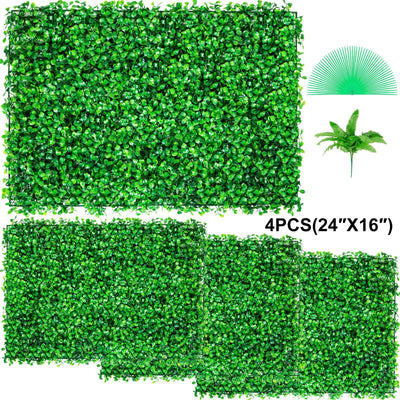 VEVOR Artificial Boxwood Panel UV 4pcs Boxwood Hedge Wall Panels Artificial Grass Backdrop Wall 24X16" 4 cm Green Grass Wall Fake Hedge for Decor Privacy Fence Indoor Outdoor Garden Backyard 