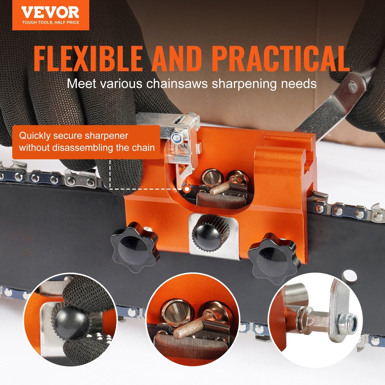 VEVOR Chainsaw Sharpener, Hand-Cranked Chain Saw Sharpening Jig Fit 4"-22" Chainsaws, Potable Saws Chain Sharpen Tool Set with 4 Grinding Heads for Landscaper, Lumberjack, Maintenance Worker 