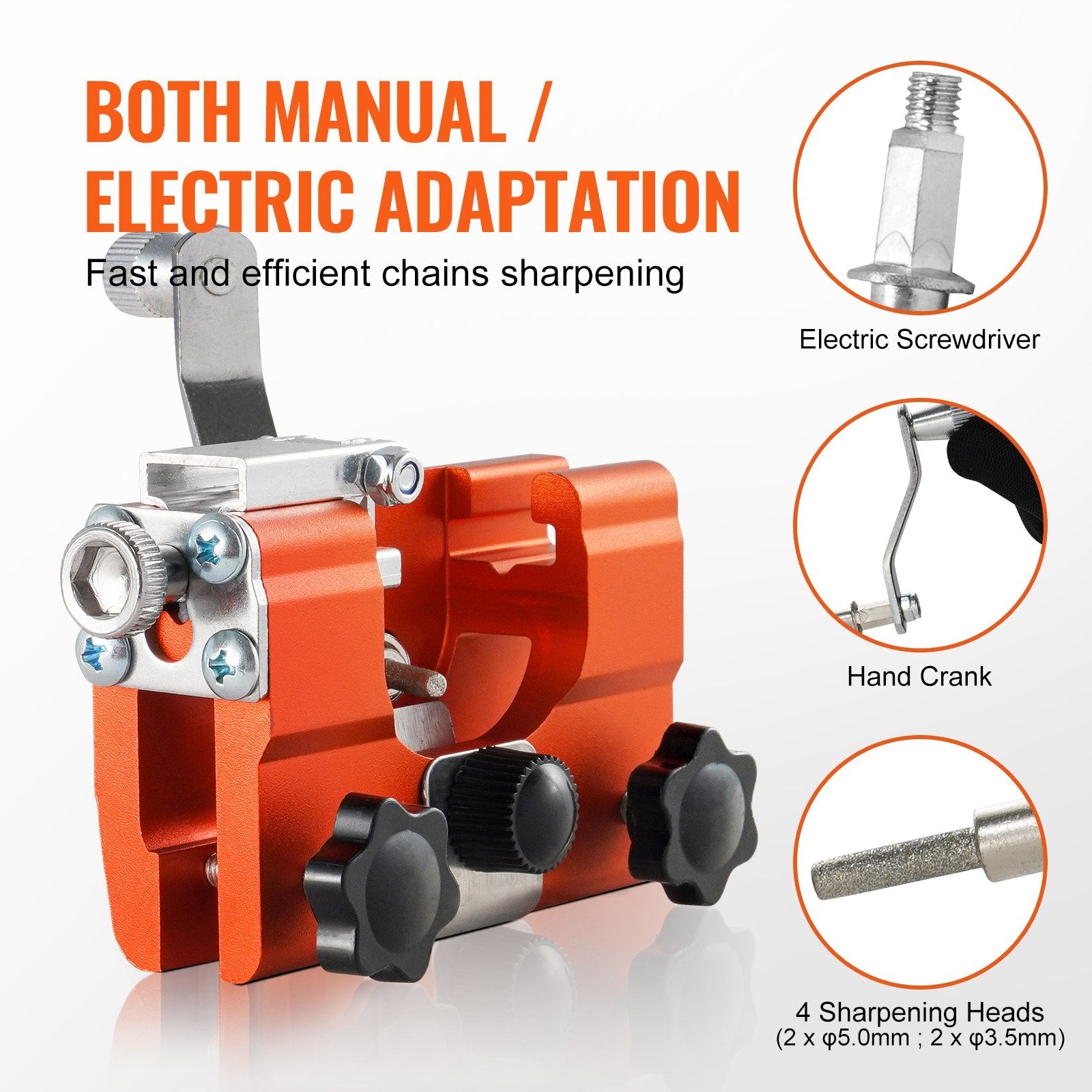 VEVOR Chainsaw Sharpener, Hand-Cranked Chain Saw Sharpening Jig Fit 4"-22" Chainsaws, Potable Saws Chain Sharpen Tool Set with 4 Grinding Heads for Landscaper, Lumberjack, Maintenance Worker 