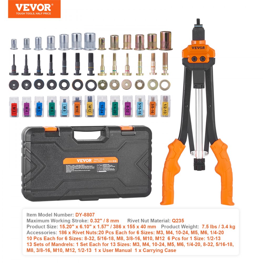 VEVOR Rivet Nut Tool, 16” Rivnut Tool Kit with 13PCS Metric and SAE Mandrels, 186PCS Rivet Nuts, M3, M4, 10-24, M5, M6, 1/4-20, 8-32, 5/16-18, M8, 3/8-16, M10, M12, 1/2-13, Semi-auto Retraction 