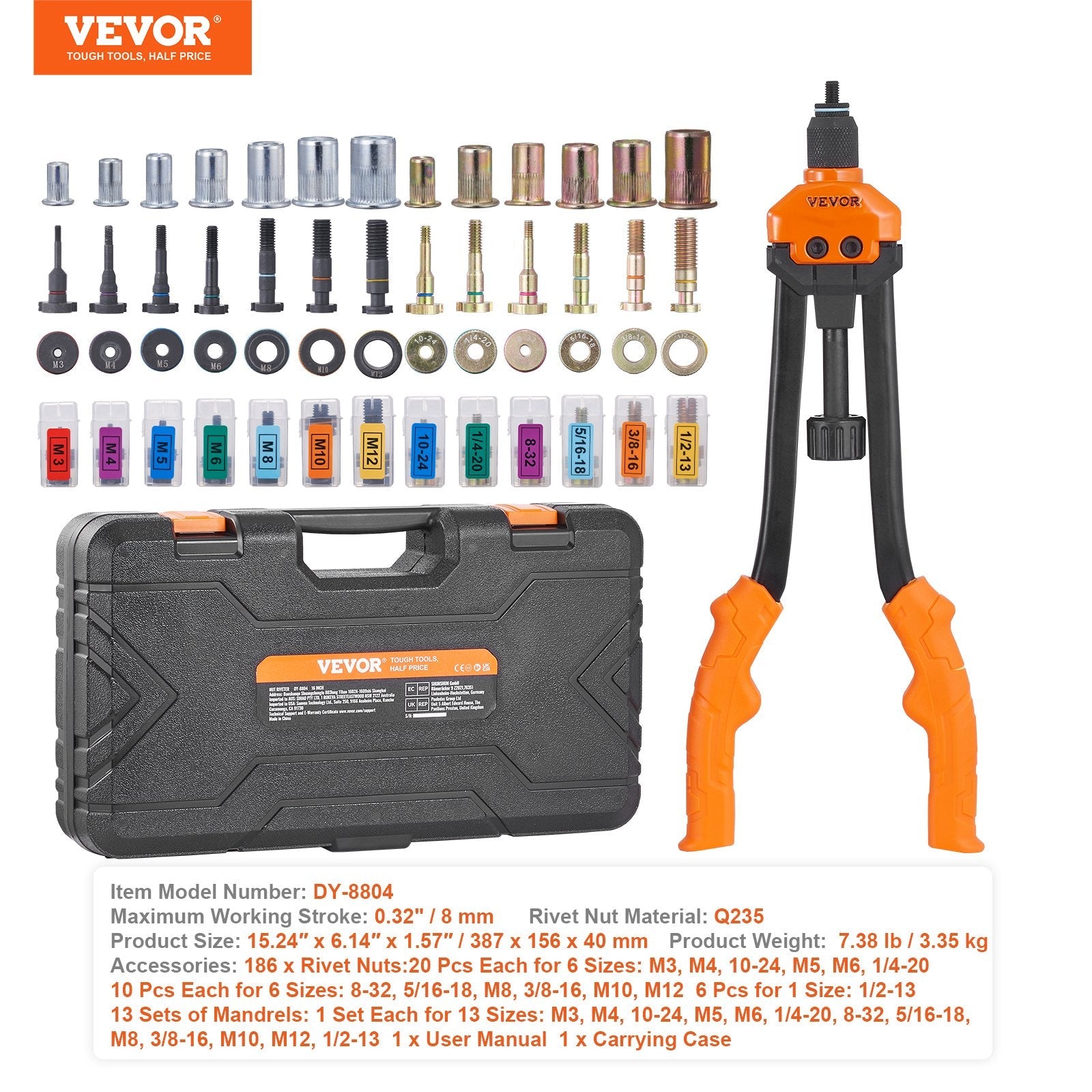 VEVOR Rivet Nut Tool, 16” Rivnut Tool Kit with 13PCS Metric and SAE Mandrels, 186PCS Rivet Nuts, M3, M4, 10-24, M5, M6, 1/4-20, 8-32, 5/16-18, M8, 3/8-16, M10, M12, 1/2-13, With Carrying Case 
