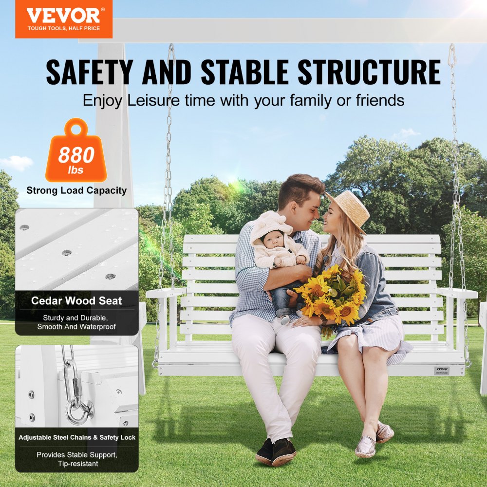 VEVOR Wooden Porch Swing 4.5 ft, Patio bench swing for Courtyard & Garden, Upgraded 880 lbs Strong Load Capacity, Heavy Duty Swing Chair Bench with Hanging Chains for Outdoors, White 