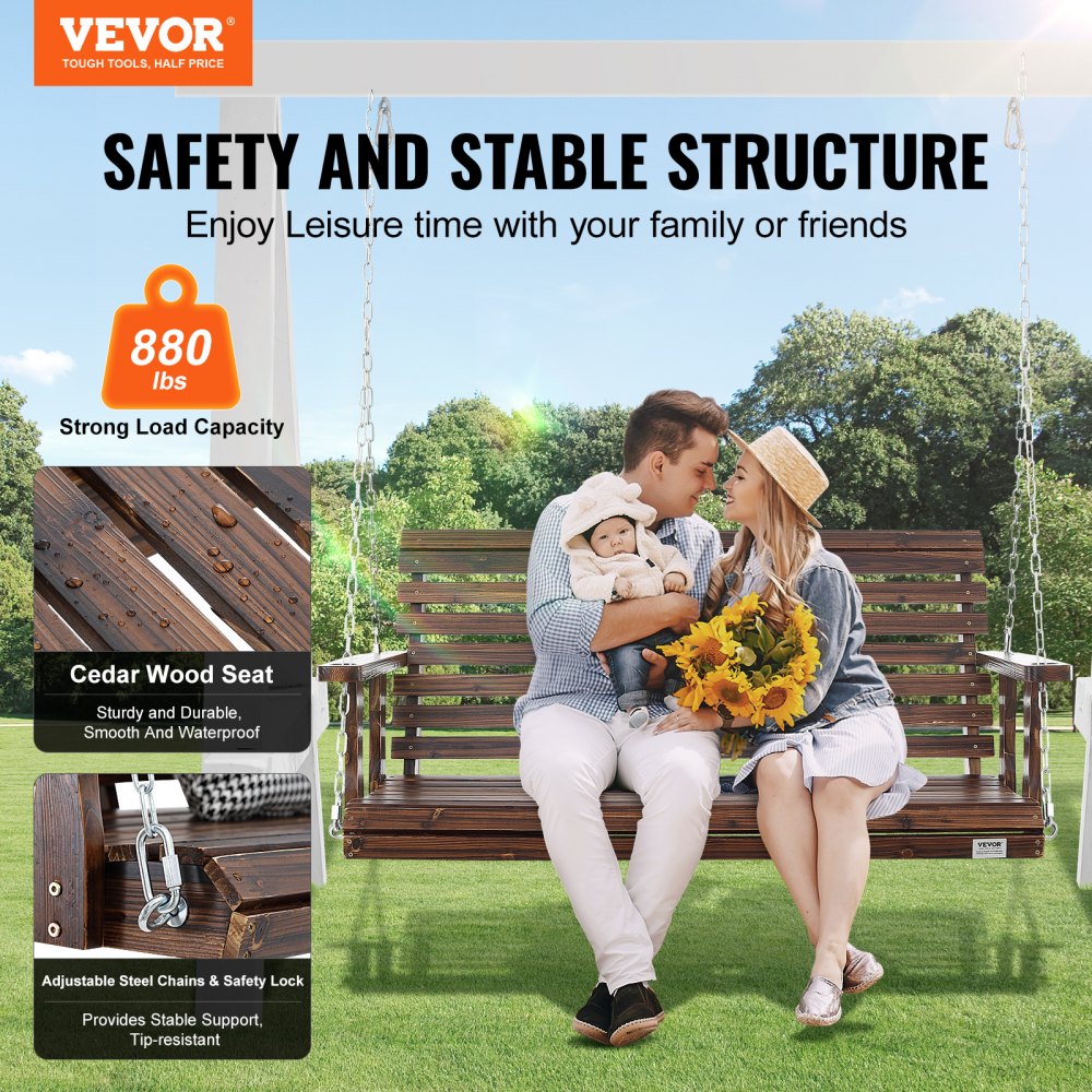 VEVOR Wooden Porch Swing 4.5 ft, Patio bench swing for Courtyard & Garden, Upgraded 880 lbs Strong Load Capacity, Heavy Duty Swing Chair Bench with Hanging Chains for Outdoors, Carbonized Brown 