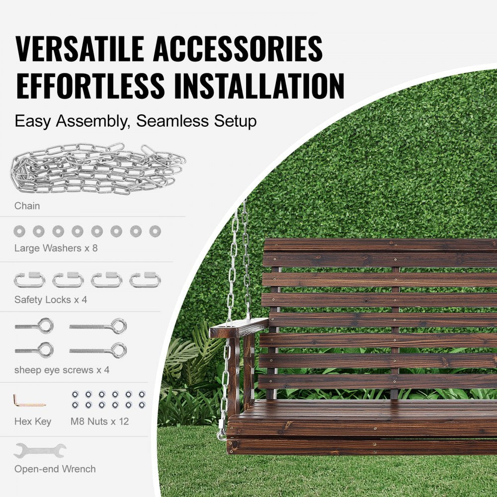 VEVOR Wooden Porch Swing 4.5 ft, Patio bench swing for Courtyard & Garden, Upgraded 880 lbs Strong Load Capacity, Heavy Duty Swing Chair Bench with Hanging Chains for Outdoors, Carbonized Brown 