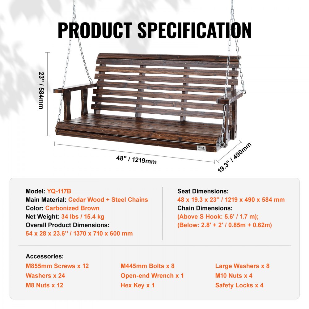 VEVOR Wooden Porch Swing 4.5 ft, Patio bench swing for Courtyard & Garden, Upgraded 880 lbs Strong Load Capacity, Heavy Duty Swing Chair Bench with Hanging Chains for Outdoors, Carbonized Brown 