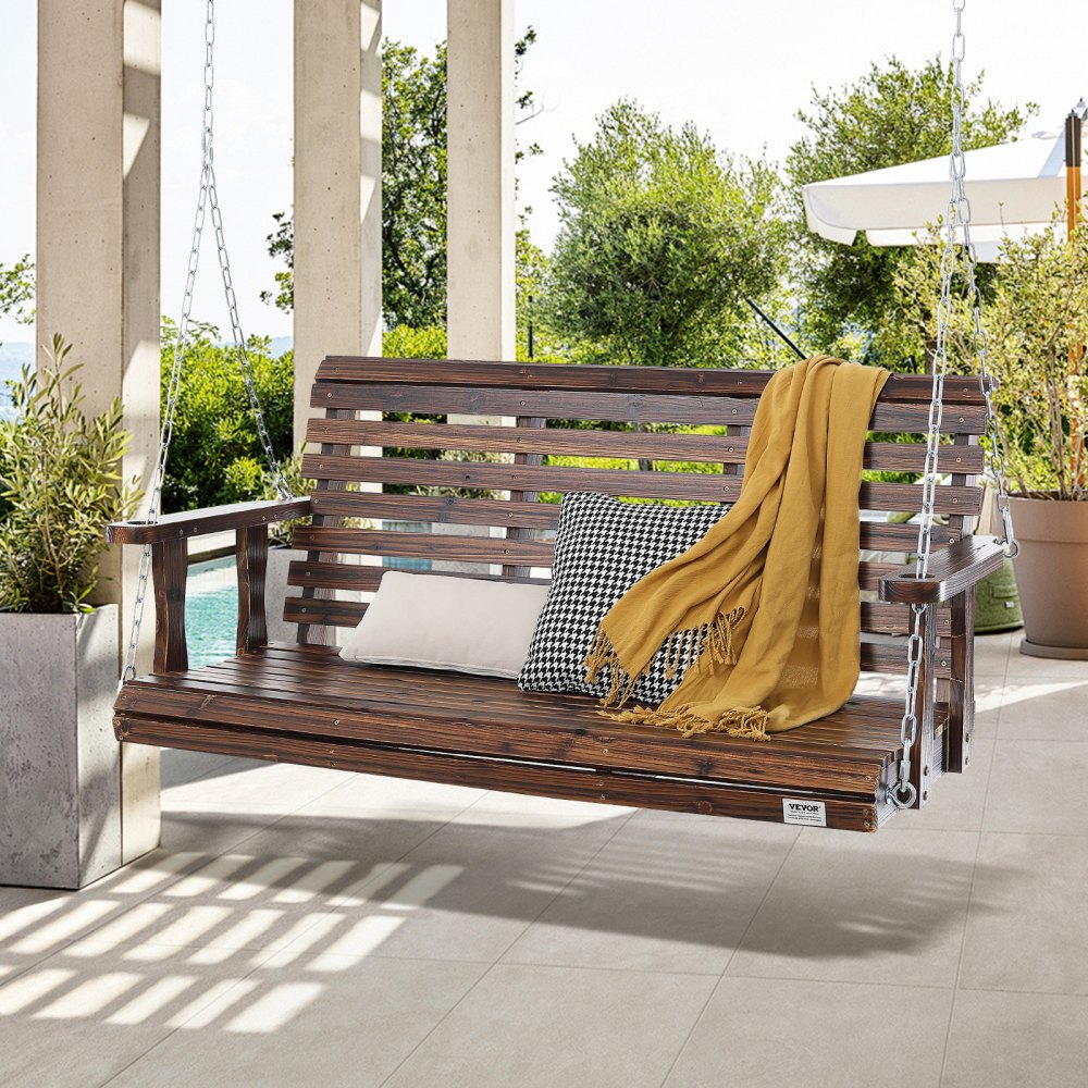 VEVOR Wooden Porch Swing 4.5 ft, Patio bench swing for Courtyard & Garden, Upgraded 880 lbs Strong Load Capacity, Heavy Duty Swing Chair Bench with Hanging Chains for Outdoors, Carbonized Brown 