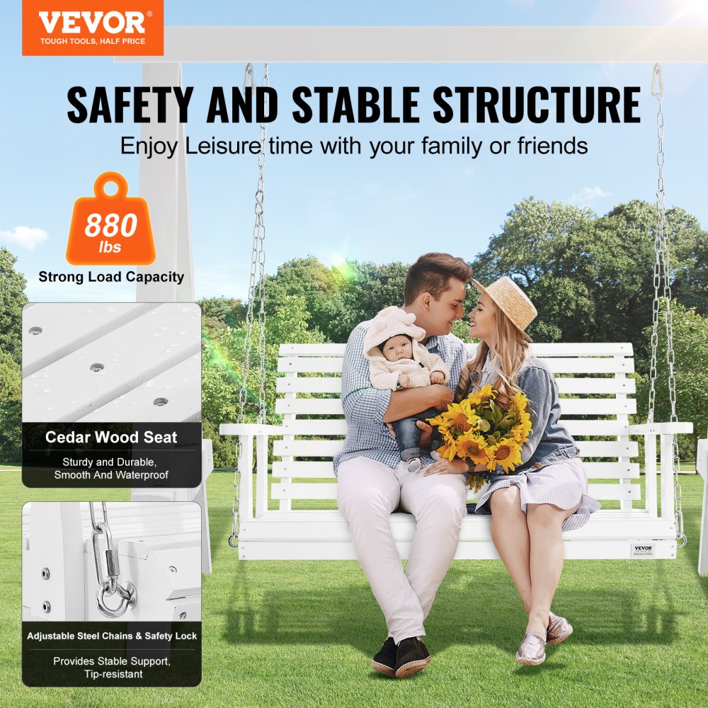 VEVOR Wooden Porch Swing 4 ft, Patio bench swing for Courtyard & Garden, Upgraded 880 lbs Strong Load Capacity, Heavy Duty Swing Chair Bench with Hanging Chains for Outdoors, White 