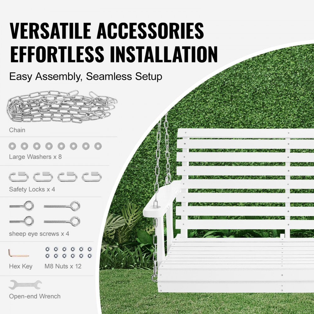 VEVOR Wooden Porch Swing 4 ft, Patio bench swing for Courtyard & Garden, Upgraded 880 lbs Strong Load Capacity, Heavy Duty Swing Chair Bench with Hanging Chains for Outdoors, White 