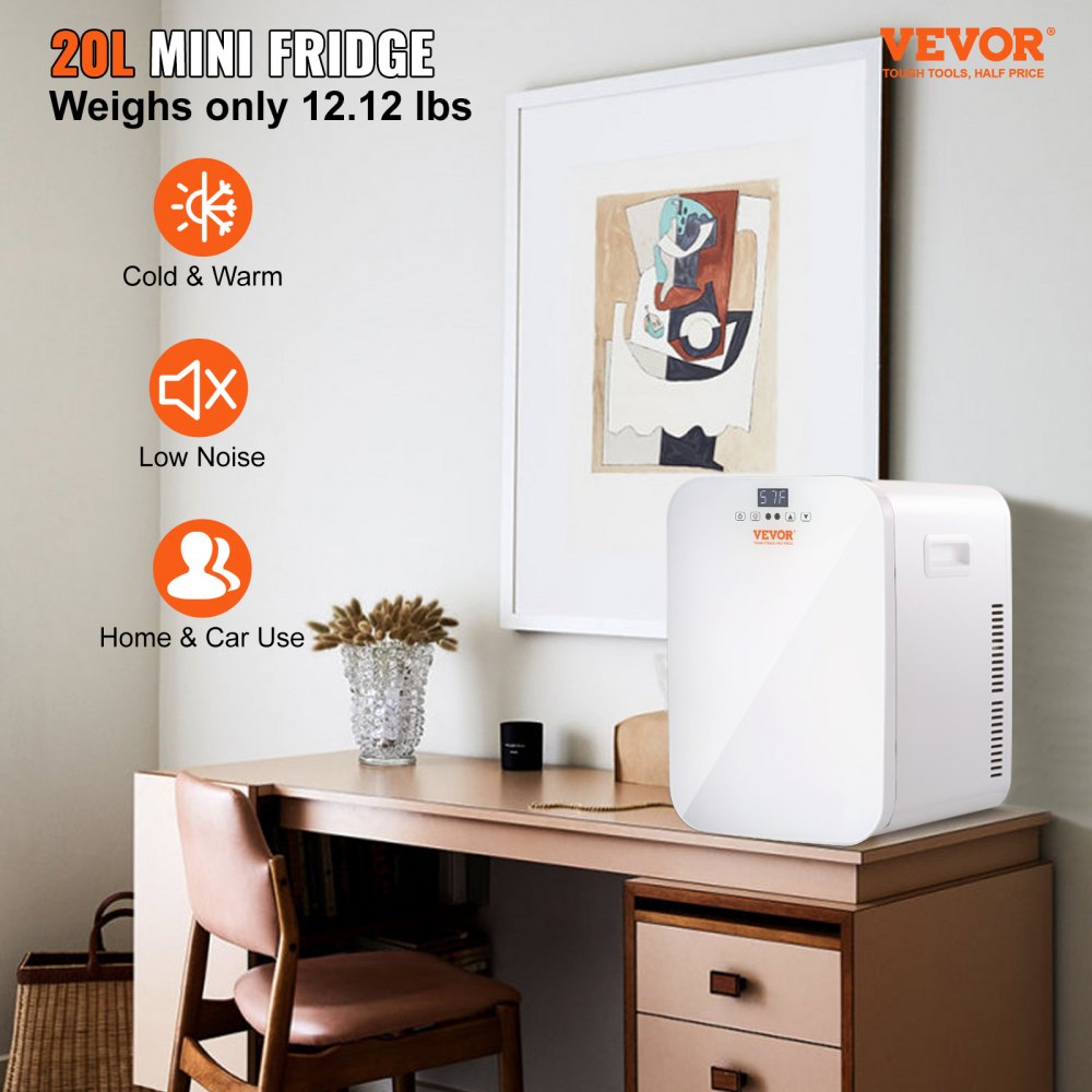 VEVOR Mini Fridge, 20L Skincare Fridges with Temper Control Touch Screen, Portable Small Beverage Refrigerator for Bedroom Office Car Dorm, AC/DC Cool Warmer for Cosmetic Drink Milk, White 