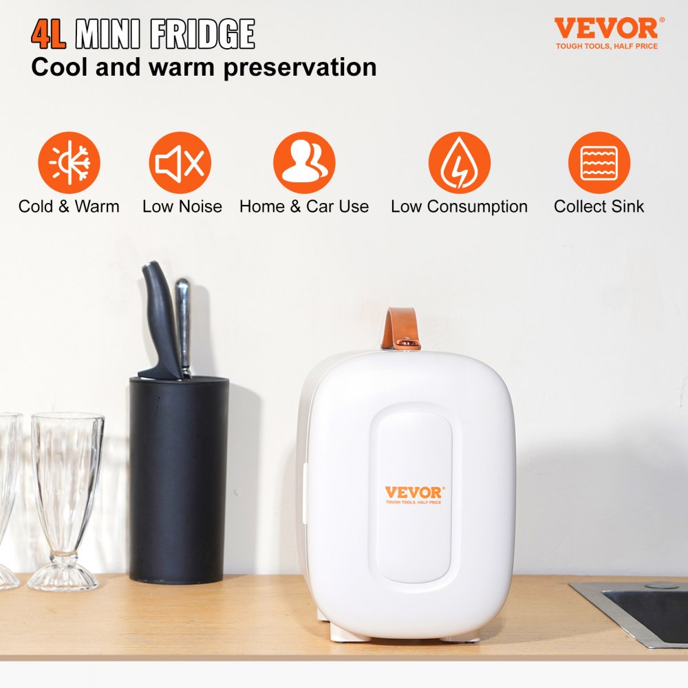 VEVOR Mini Fridge, 4L/6 Cans Compact Personal Fridge, AC/DC Portable Thermoelectric Cooler and Warmer Refrigerators, Skincare Fridge for Beverage, Snacks, Home, Office and Car, ETL Listed (White) 