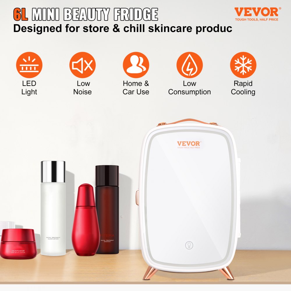 VEVOR Mini Fridge, 6L/8 Cans Compact Personal Fridge, AC/DC Portable Thermoelectric Cooler and Warmer Refrigerators, Skincare Fridge for Beverage, Snacks, Home, Office and Car, ETL Listed (White) 