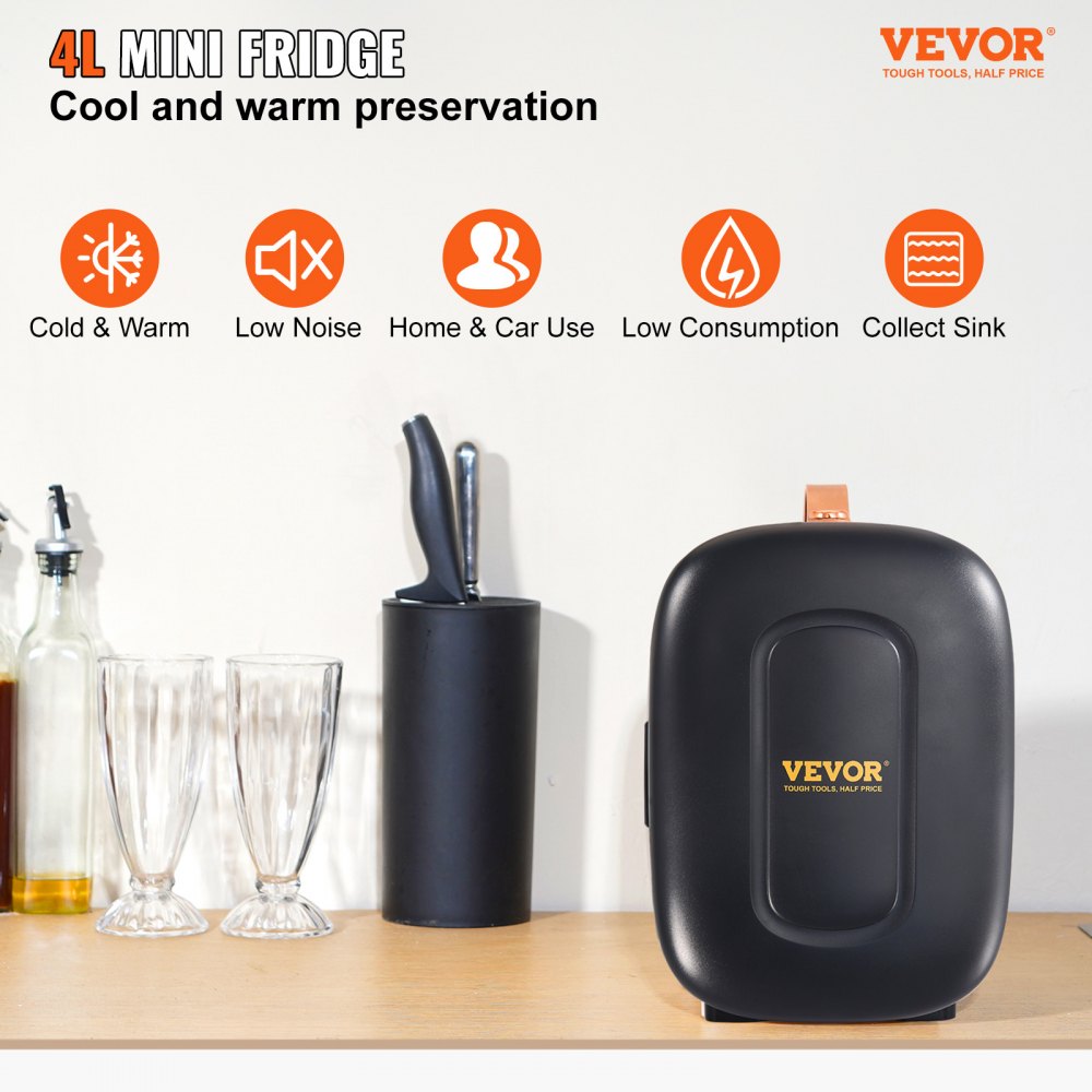 VEVOR Mini Fridge, 4L/6 Cans Compact Personal Fridge, AC/DC Portable Thermoelectric Cooler and Warmer Refrigerators, Skincare Fridge for Beverage, Snacks, Home, Office and Car, ETL Listed (Black) 