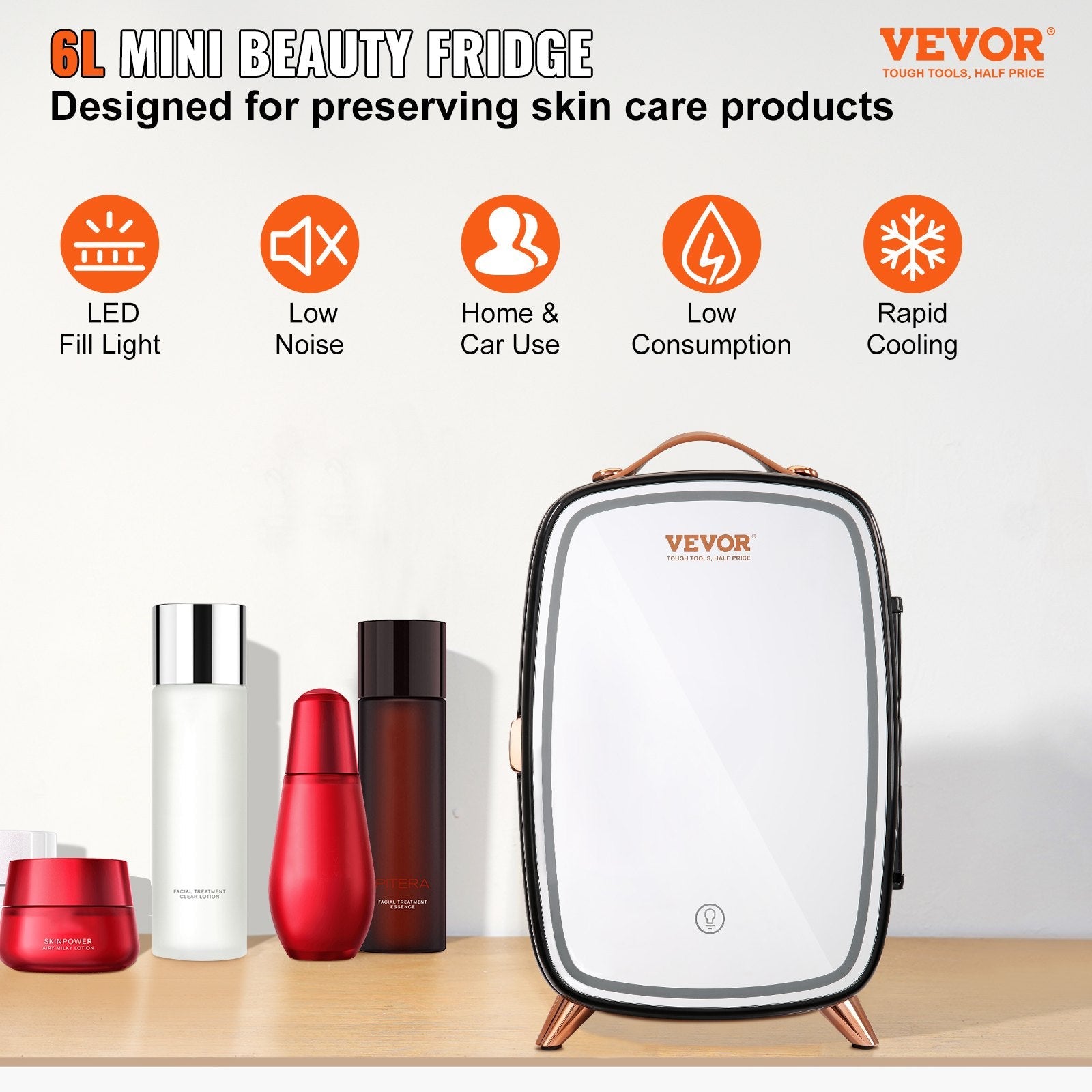 Vevor Mini Fridge, 6L Skincare Fridge with LED light and HD Mirror, AC/DC Makeup Fridges for Skin Care, Cosmetic Storage, Chill Face Mask Drink,  Small Refrigerator for Bedroom Dorm Desktop, Black 