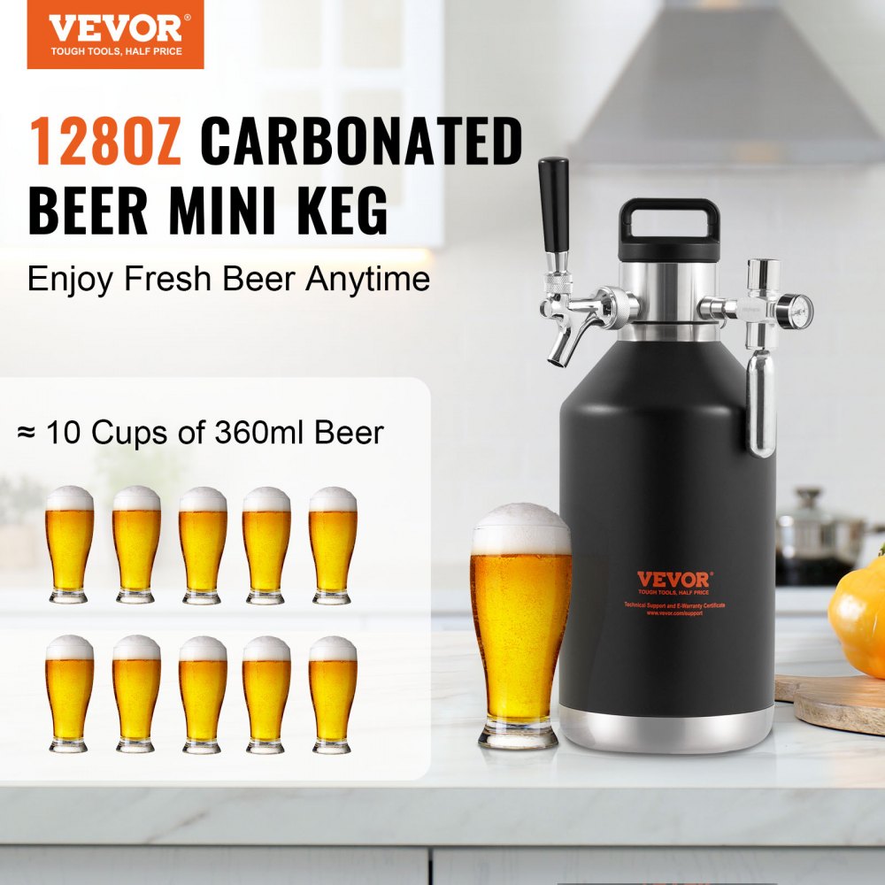 VEVOR Beer Growler Tap System, 128Oz 4L Mini Keg, 304 Stainless Steel Pressurized Beer Growler, Keg Growler with Pressure Display, CO2 Regulator Faucet, Leak-Proof Ring For Draft, Homebrew, Craft Beer 