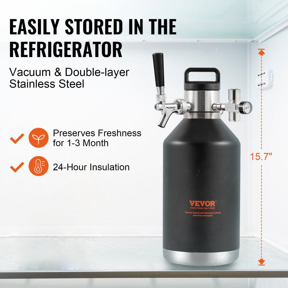 VEVOR Beer Growler Tap System, 128Oz 4L Mini Keg, 304 Stainless Steel Pressurized Beer Growler, Keg Growler with Pressure Display, CO2 Regulator Faucet, Leak-Proof Ring For Draft, Homebrew, Craft Beer 