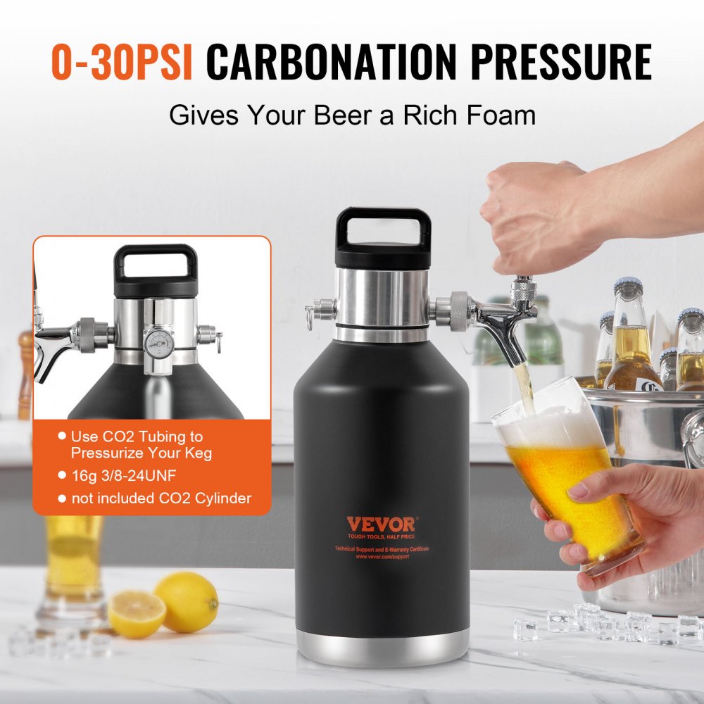 VEVOR Beer Growler Tap System, 128Oz 4L Mini Keg, 304 Stainless Steel Pressurized Beer Growler, Keg Growler with Pressure Display, CO2 Regulator Faucet, Leak-Proof Ring For Draft, Homebrew, Craft Beer 