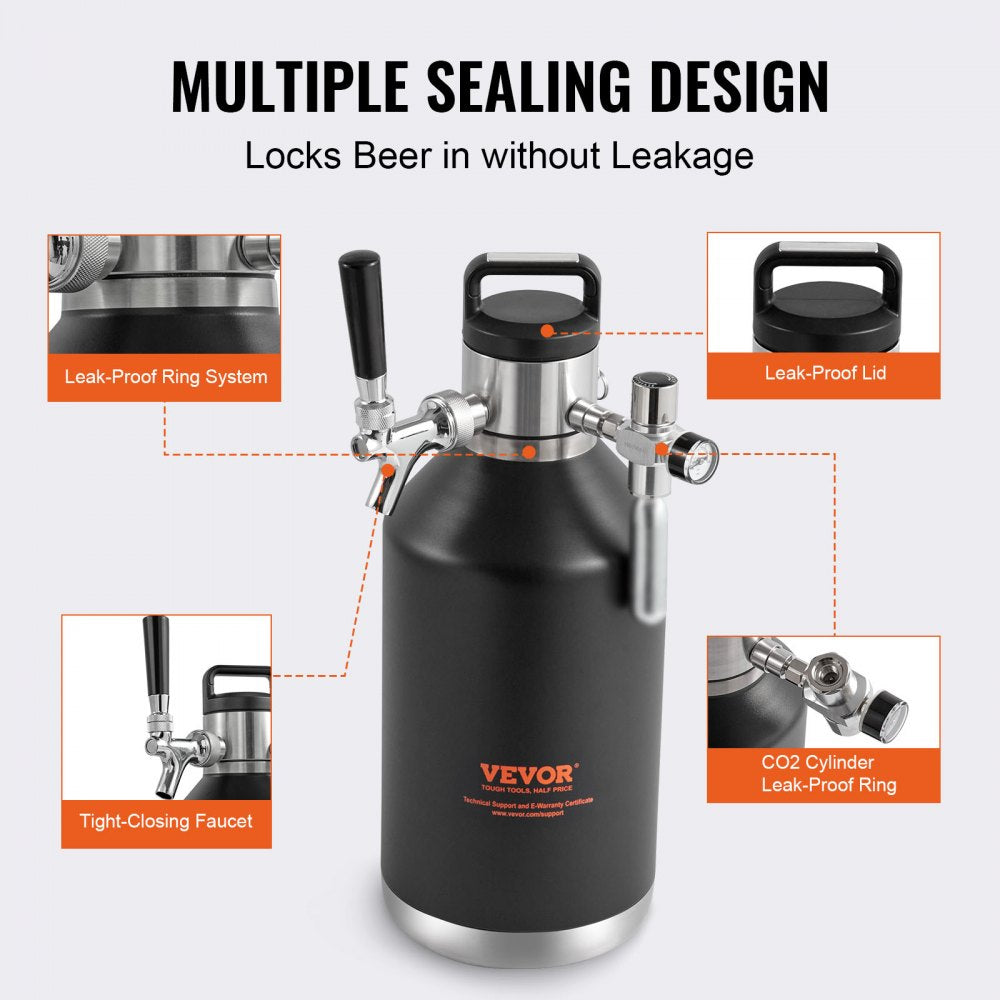 VEVOR Beer Growler Tap System, 128Oz 4L Mini Keg, 304 Stainless Steel Pressurized Beer Growler, Keg Growler with Pressure Display, CO2 Regulator Faucet, Leak-Proof Ring For Draft, Homebrew, Craft Beer 