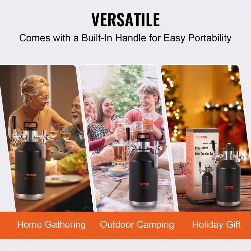 VEVOR Beer Growler Tap System, 128Oz 4L Mini Keg, 304 Stainless Steel Pressurized Beer Growler, Keg Growler with Pressure Display, CO2 Regulator Faucet, Leak-Proof Ring For Draft, Homebrew, Craft Beer 