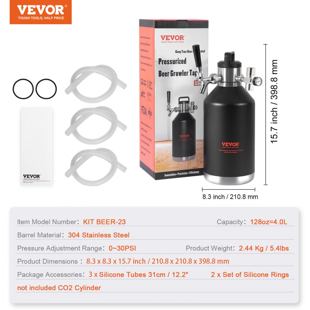 VEVOR Beer Growler Tap System, 128Oz 4L Mini Keg, 304 Stainless Steel Pressurized Beer Growler, Keg Growler with Pressure Display, CO2 Regulator Faucet, Leak-Proof Ring For Draft, Homebrew, Craft Beer 