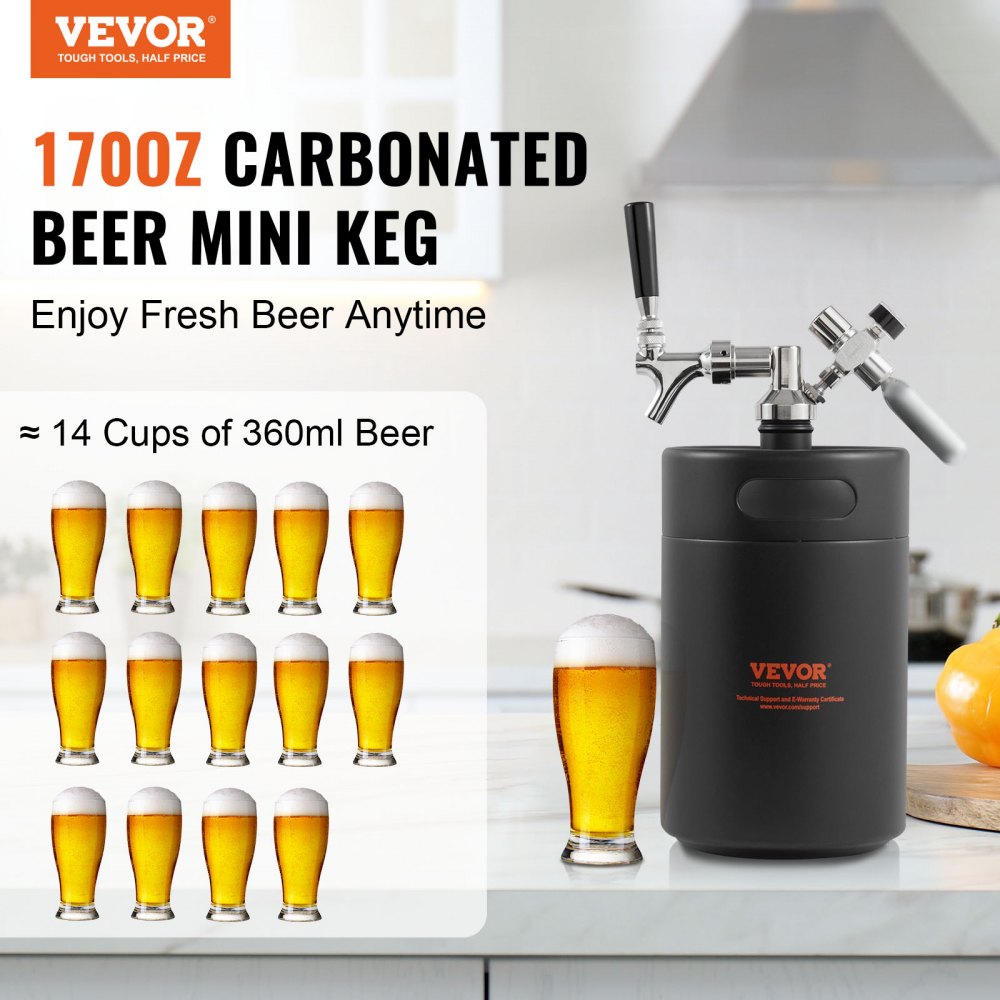 VEVOR Beer Growler Tap System, 170Oz 5L Mini Keg, 304 Stainless Steel Pressurized Beer Growler, Keg Growler with Pressure Display, CO2 Regulator Faucet, Leak-Proof Ring For Draft, Homebrew, Craft Beer 