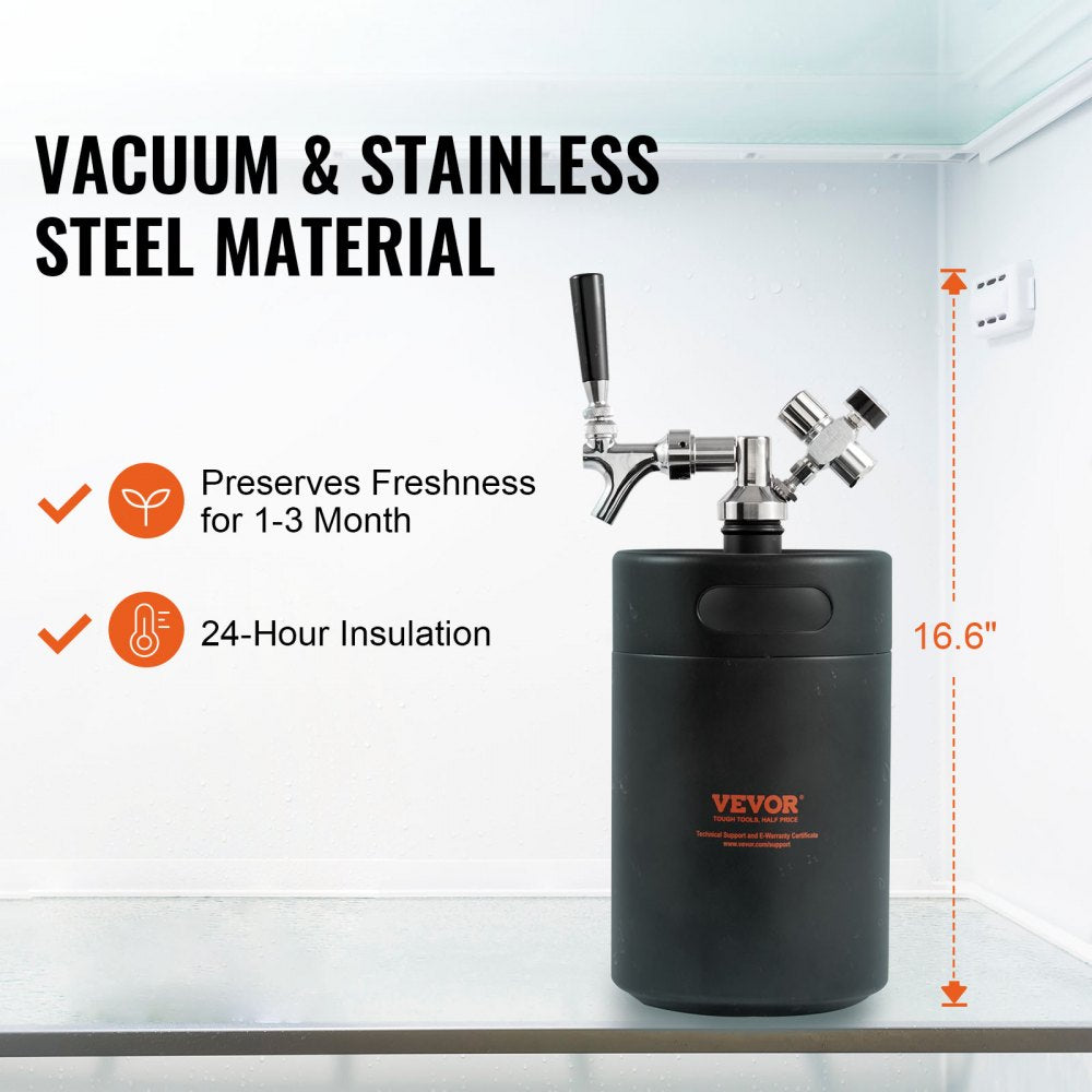 VEVOR Beer Growler Tap System, 170Oz 5L Mini Keg, 304 Stainless Steel Pressurized Beer Growler, Keg Growler with Pressure Display, CO2 Regulator Faucet, Leak-Proof Ring For Draft, Homebrew, Craft Beer 