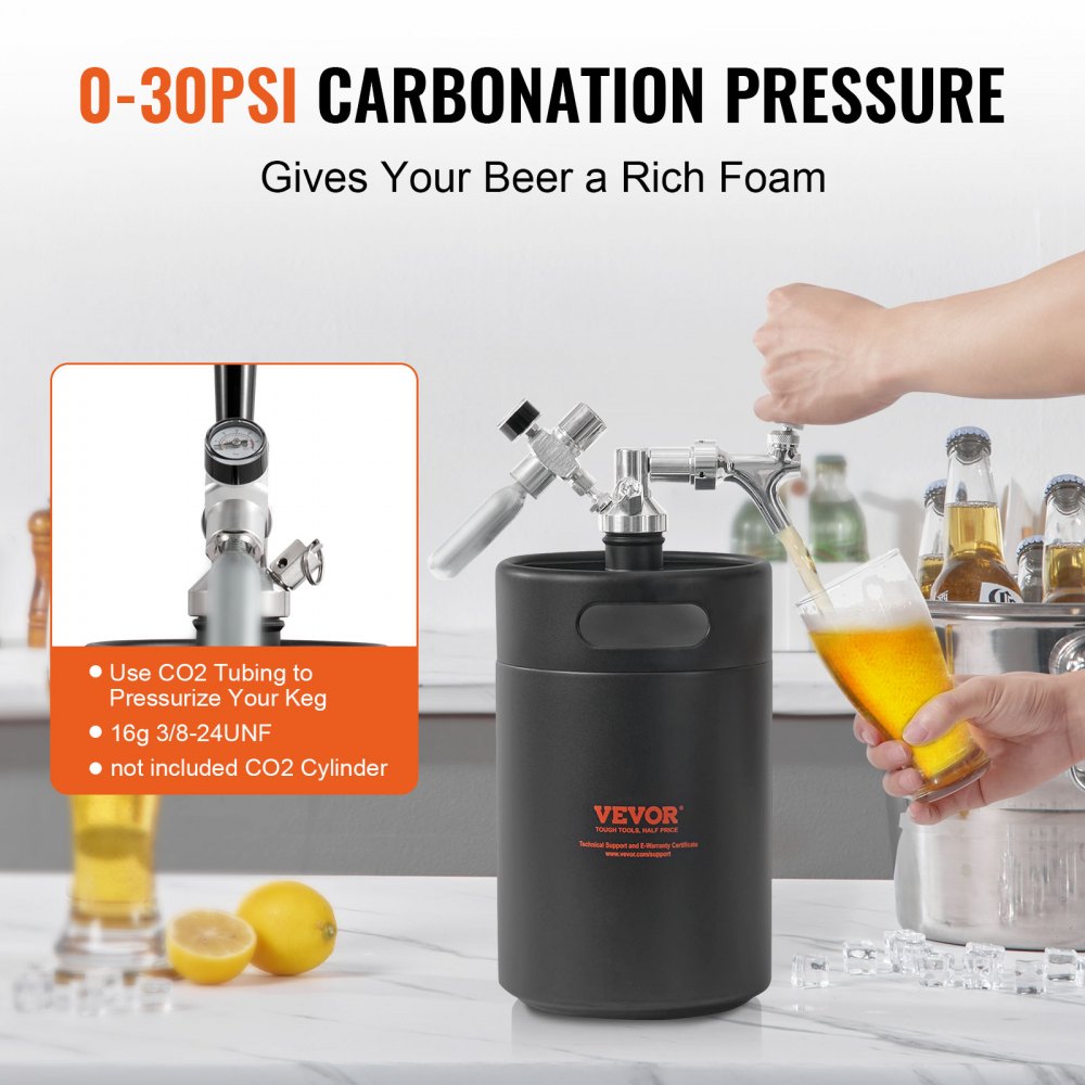 VEVOR Beer Growler Tap System, 170Oz 5L Mini Keg, 304 Stainless Steel Pressurized Beer Growler, Keg Growler with Pressure Display, CO2 Regulator Faucet, Leak-Proof Ring For Draft, Homebrew, Craft Beer 
