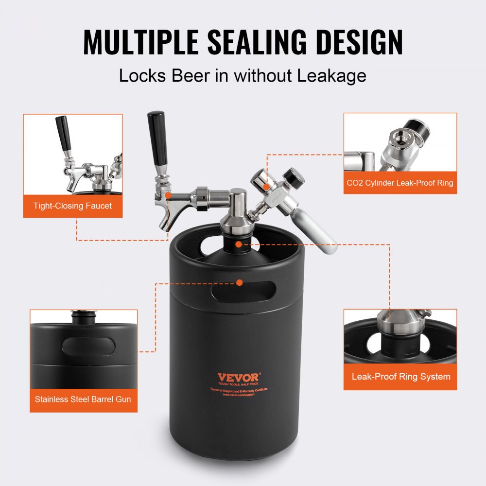 VEVOR Beer Growler Tap System, 170Oz 5L Mini Keg, 304 Stainless Steel Pressurized Beer Growler, Keg Growler with Pressure Display, CO2 Regulator Faucet, Leak-Proof Ring For Draft, Homebrew, Craft Beer 