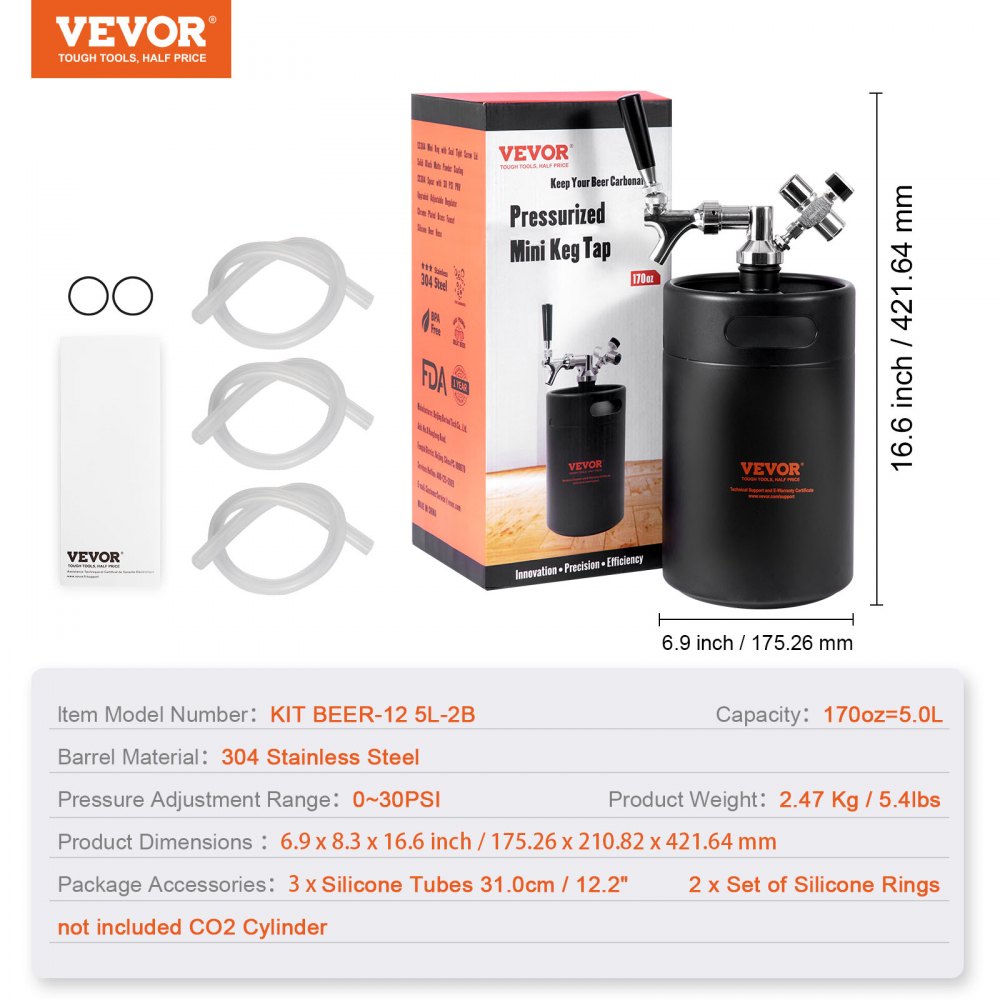 VEVOR Beer Growler Tap System, 170Oz 5L Mini Keg, 304 Stainless Steel Pressurized Beer Growler, Keg Growler with Pressure Display, CO2 Regulator Faucet, Leak-Proof Ring For Draft, Homebrew, Craft Beer 