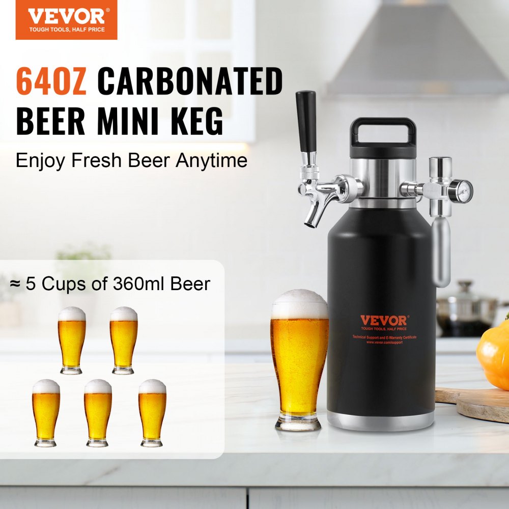 VEVOR Beer Growler Tap System, 64Oz 1.89L Mini Keg, 304 Stainless Steel Pressurized Beer Growler, Keg Growler with Pressure Display, CO2 Regulator Faucet, Leak-Proof Ring For Draft Homebrew Craft Beer 