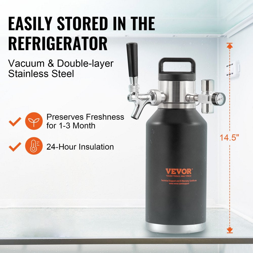VEVOR Beer Growler Tap System, 64Oz 1.89L Mini Keg, 304 Stainless Steel Pressurized Beer Growler, Keg Growler with Pressure Display, CO2 Regulator Faucet, Leak-Proof Ring For Draft Homebrew Craft Beer 