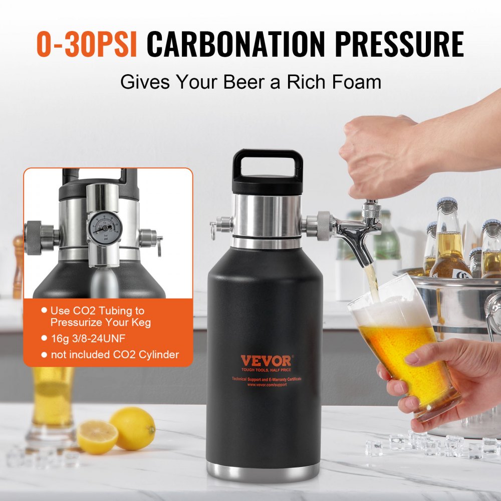 VEVOR Beer Growler Tap System, 64Oz 1.89L Mini Keg, 304 Stainless Steel Pressurized Beer Growler, Keg Growler with Pressure Display, CO2 Regulator Faucet, Leak-Proof Ring For Draft Homebrew Craft Beer 