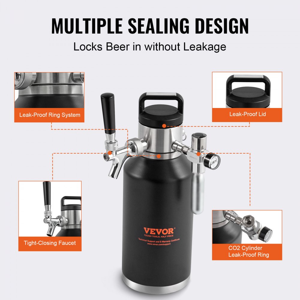 VEVOR Beer Growler Tap System, 64Oz 1.89L Mini Keg, 304 Stainless Steel Pressurized Beer Growler, Keg Growler with Pressure Display, CO2 Regulator Faucet, Leak-Proof Ring For Draft Homebrew Craft Beer 