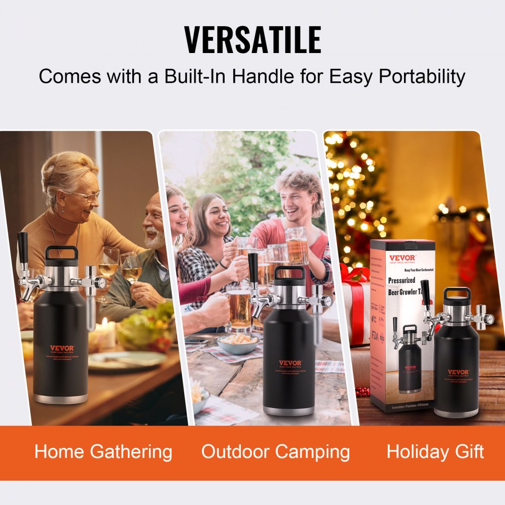 VEVOR Beer Growler Tap System, 64Oz 1.89L Mini Keg, 304 Stainless Steel Pressurized Beer Growler, Keg Growler with Pressure Display, CO2 Regulator Faucet, Leak-Proof Ring For Draft Homebrew Craft Beer 