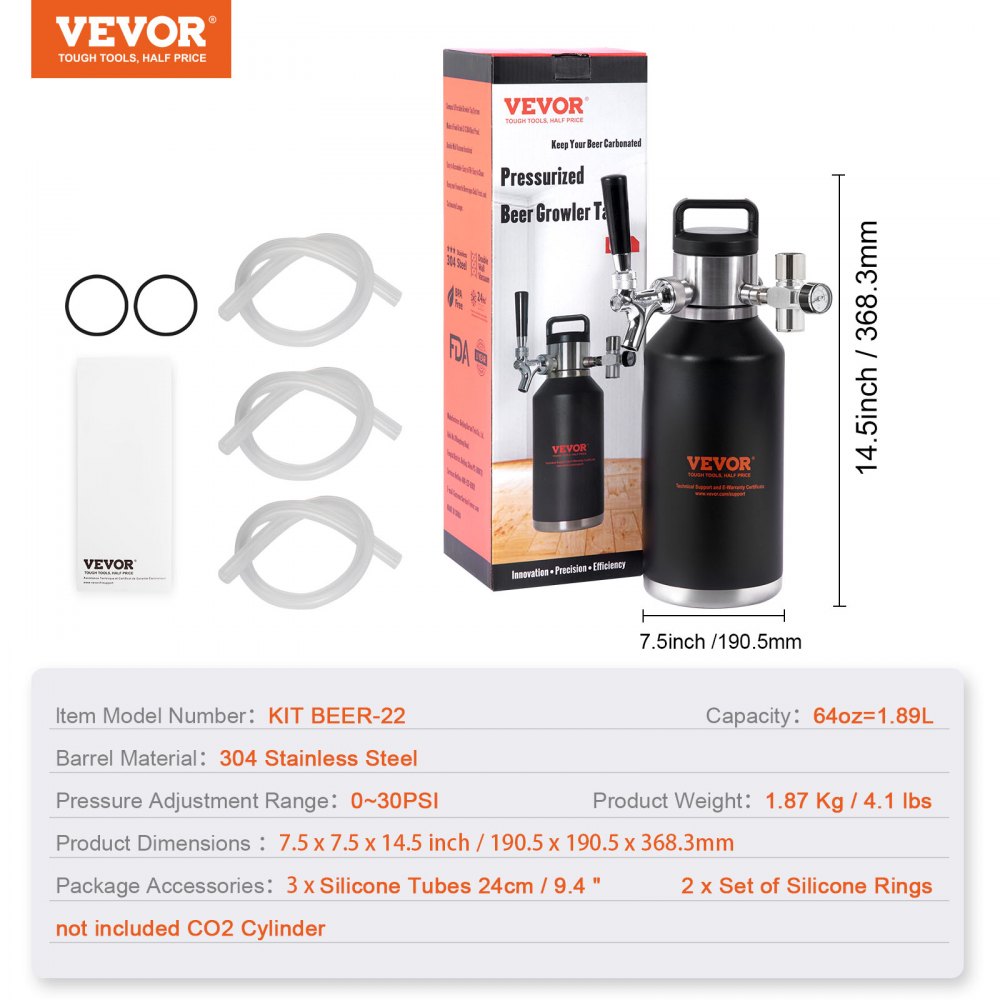 VEVOR Beer Growler Tap System, 64Oz 1.89L Mini Keg, 304 Stainless Steel Pressurized Beer Growler, Keg Growler with Pressure Display, CO2 Regulator Faucet, Leak-Proof Ring For Draft Homebrew Craft Beer 