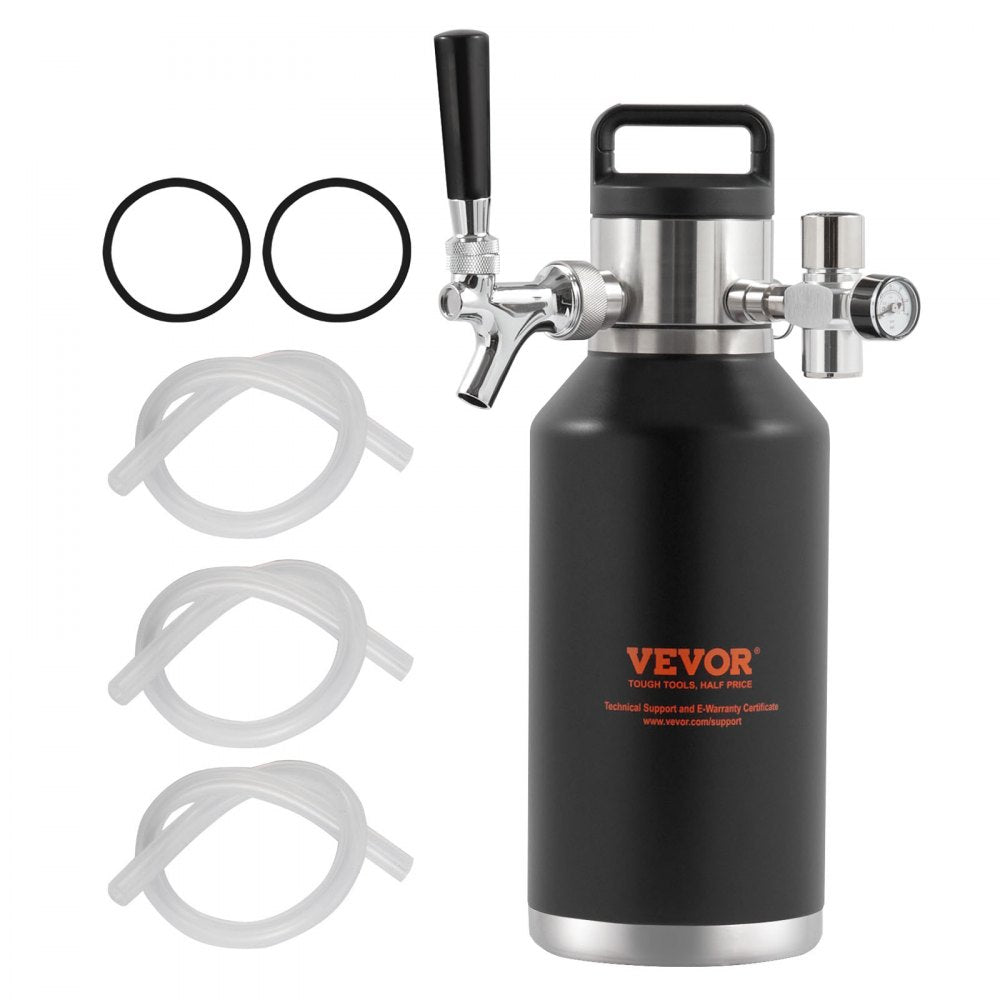 VEVOR Beer Growler Tap System, 64Oz 1.89L Mini Keg, 304 Stainless Steel Pressurized Beer Growler, Keg Growler with Pressure Display, CO2 Regulator Faucet, Leak-Proof Ring For Draft Homebrew Craft Beer 