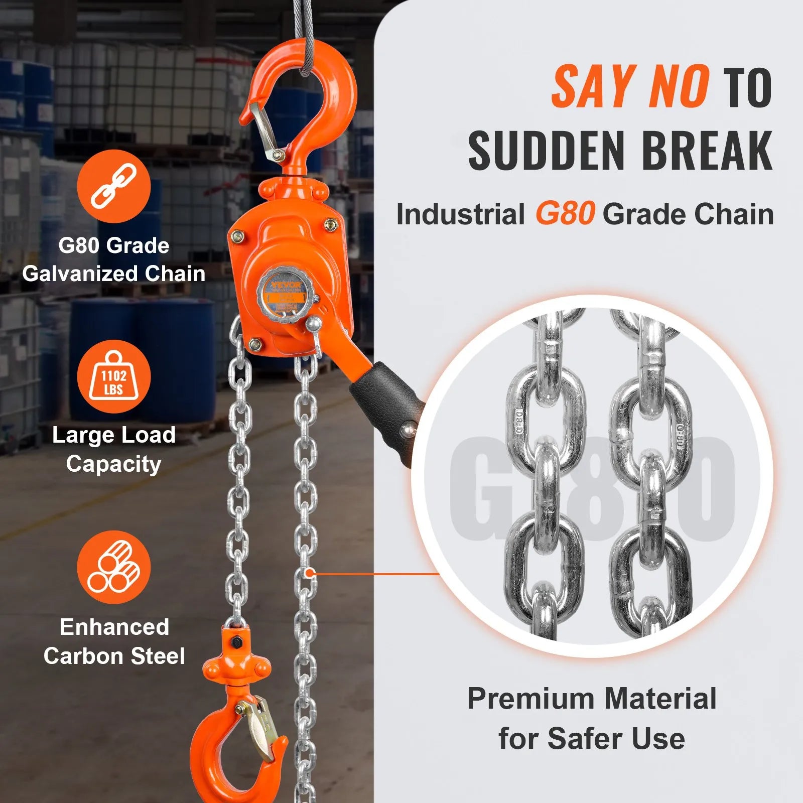 VEVOR Manual Lever Chain Hoist, 1/2 Ton 1100 lbs Capacity 10 FT Come Along, G80 Galvanized Carbon Steel with Weston Double-Pawl Brake, Auto Chain Leading & 360° Rotation Hook, for Garage Factory Dock