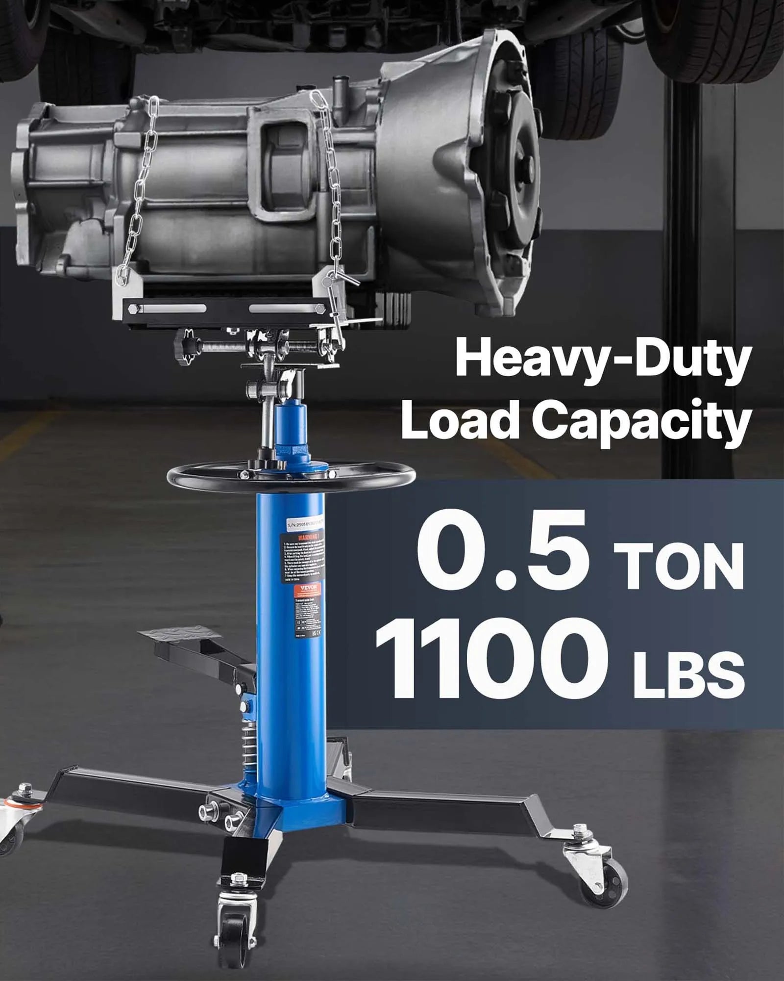 VEVOR Transmission Jack,1/2Ton (1100 lbs) Capacity Hydraulic Telescopic Transmission Jack, 2-Stage Floor Jack Stand with Foot Pedal, 360° Swivel Wheel, Garage/ Shop Lift Hoist, Blue