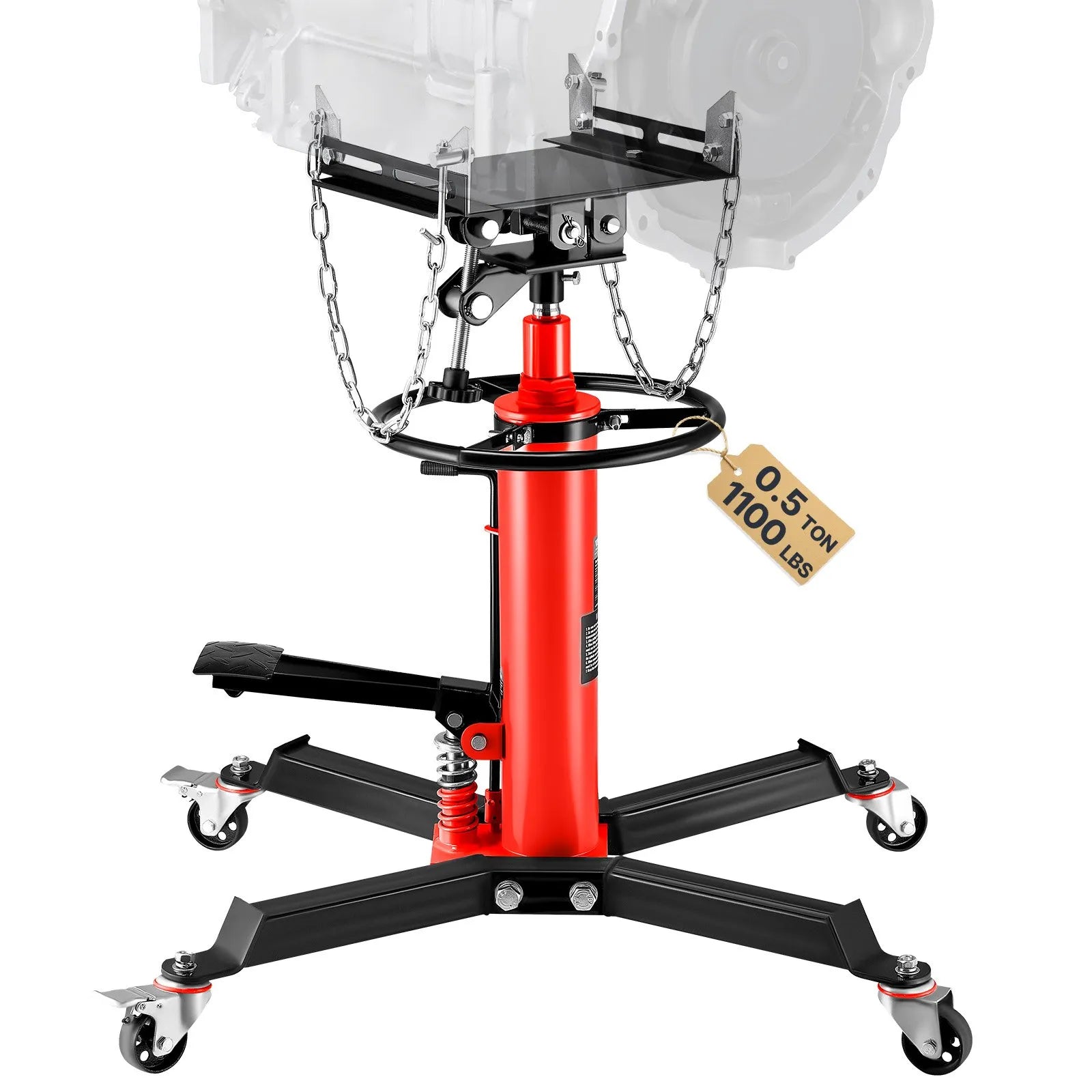 VEVOR Transmission Jack,1/2Ton (1100lbs) Capacity Hydraulic Telescopic Transmission Jack, 2-Stage Floor Jack Stand with Foot Pedal, 360° Swivel Wheel, Garage/ Shop Lift Hoist, Red