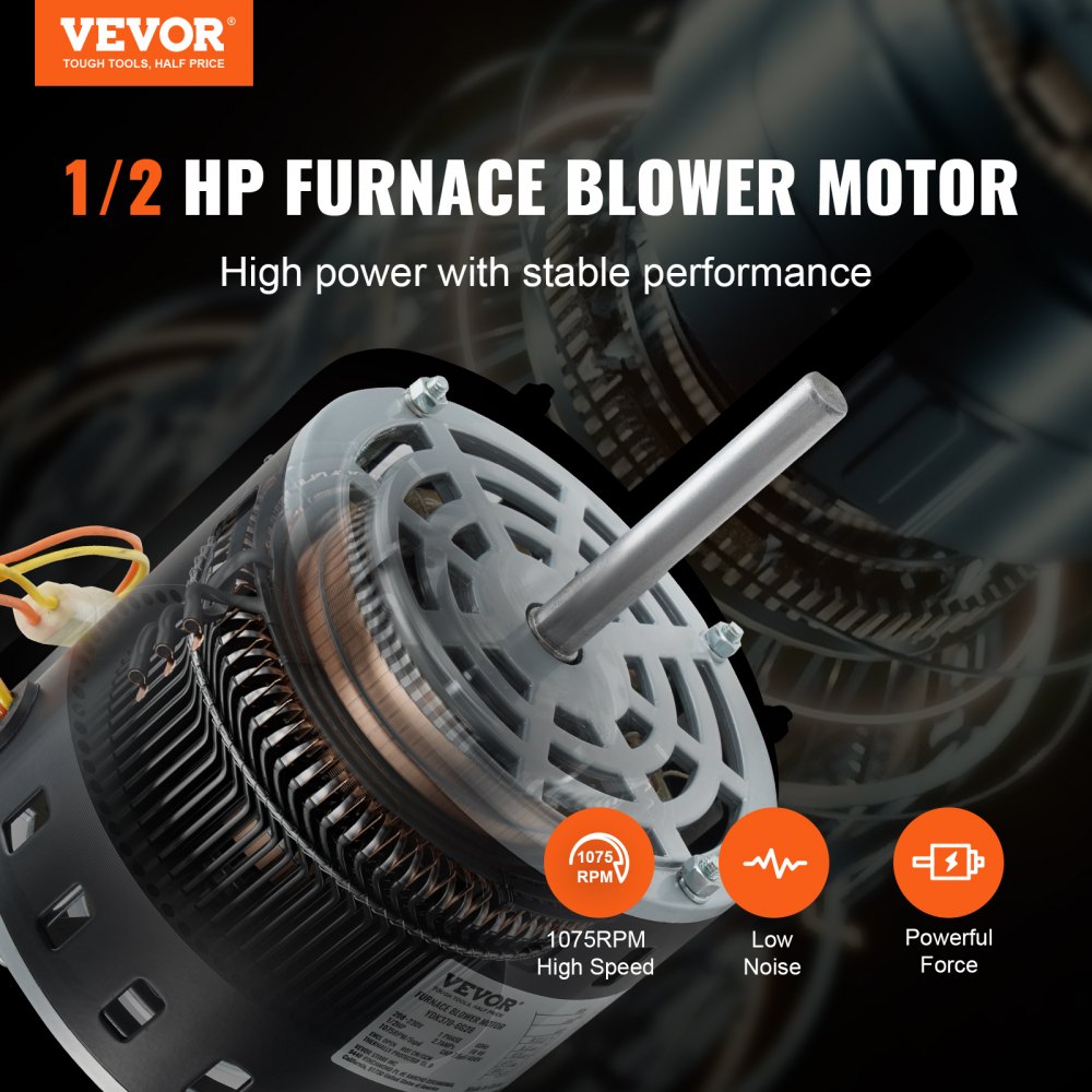 VEVOR 1/2HP Furnace Blower Motor, 208/230V 2.7Amps, 1075RPM 5 Speeds, CW/CCW Rotation, 48 Frame 3.4" Shaft Length, 7.5?F/450V Capacitor + 11" Hold Hoop 