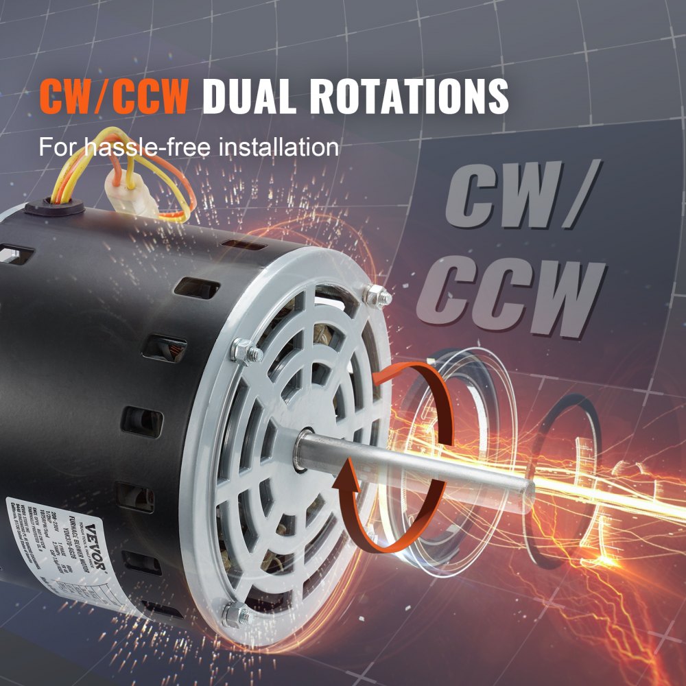 VEVOR 1/2HP Furnace Blower Motor, 208/230V 2.7Amps, 1075RPM 5 Speeds, CW/CCW Rotation, 48 Frame 3.4" Shaft Length, 7.5?F/450V Capacitor + 11" Hold Hoop 
