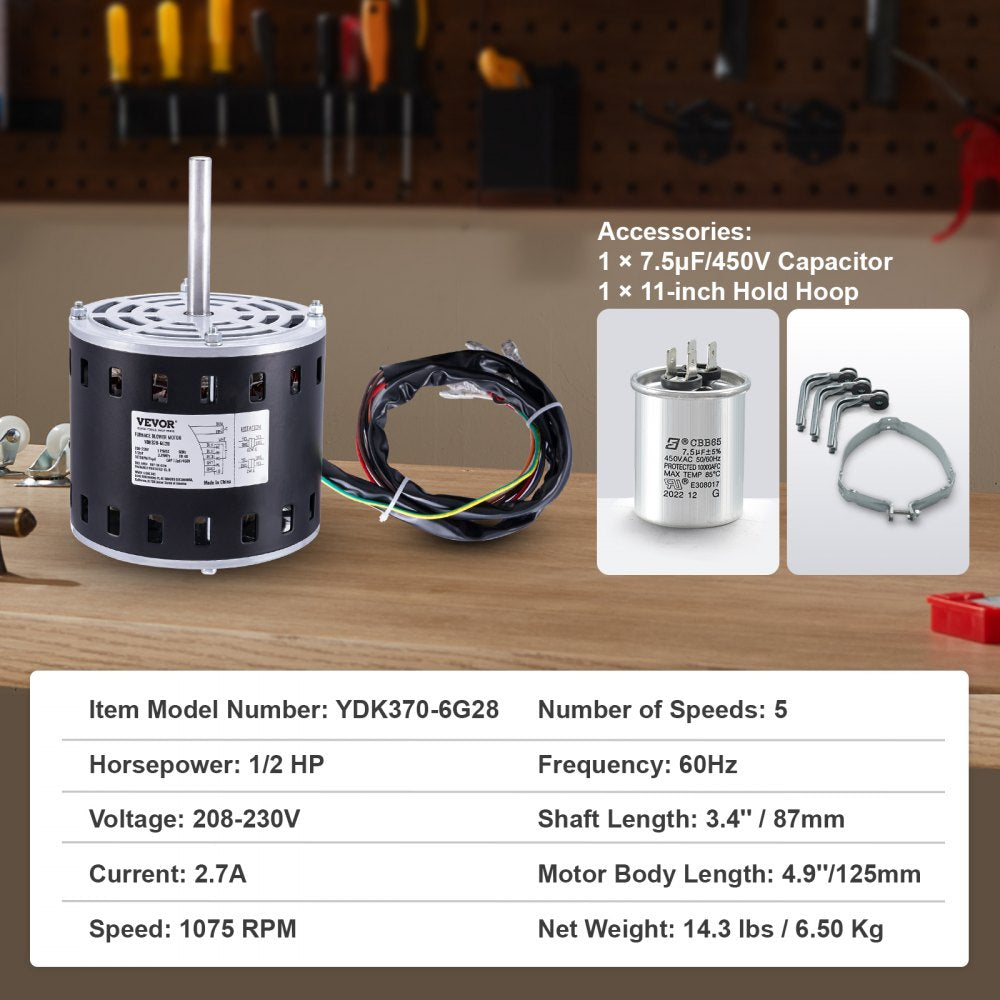VEVOR 1/2HP Furnace Blower Motor, 208/230V 2.7Amps, 1075RPM 5 Speeds, CW/CCW Rotation, 48 Frame 3.4" Shaft Length, 7.5?F/450V Capacitor + 11" Hold Hoop 