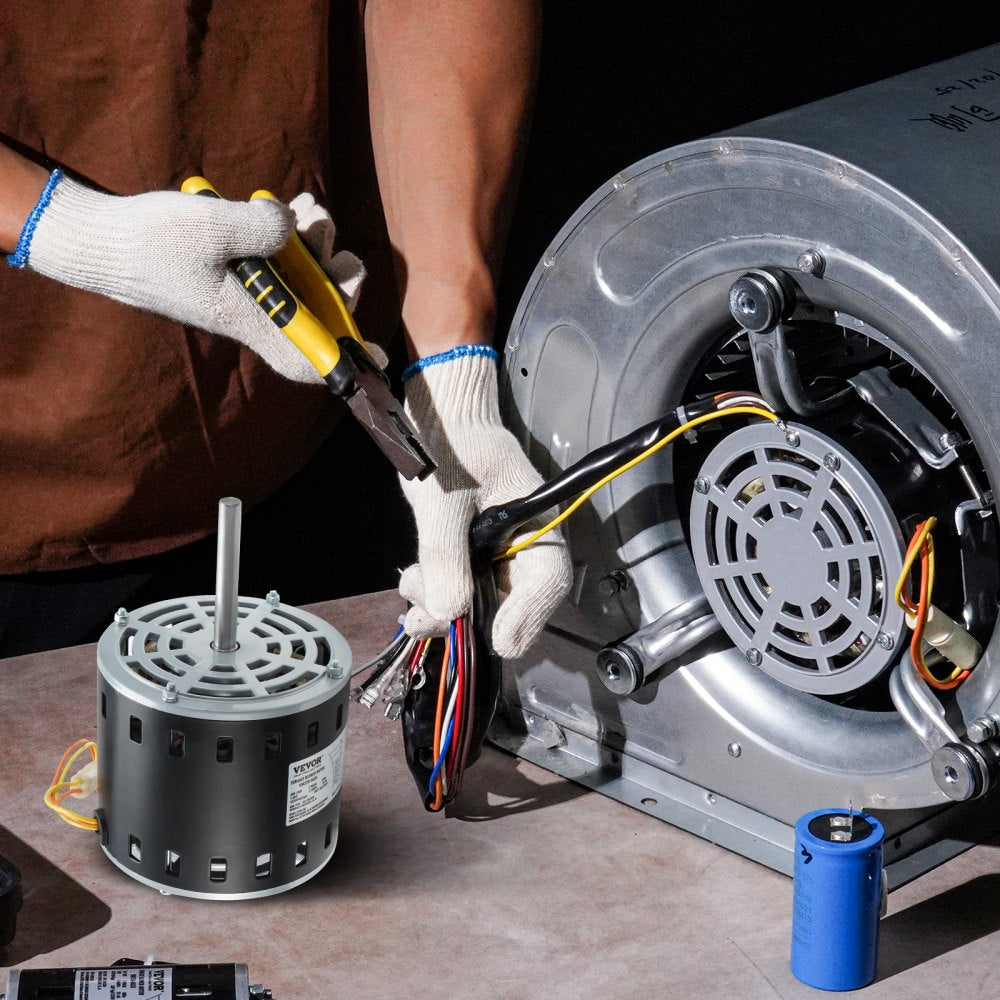 VEVOR 1/2HP Furnace Blower Motor, 208/230V 2.7Amps, 1075RPM 5 Speeds, CW/CCW Rotation, 48 Frame 3.4" Shaft Length, 7.5?F/450V Capacitor + 11" Hold Hoop 