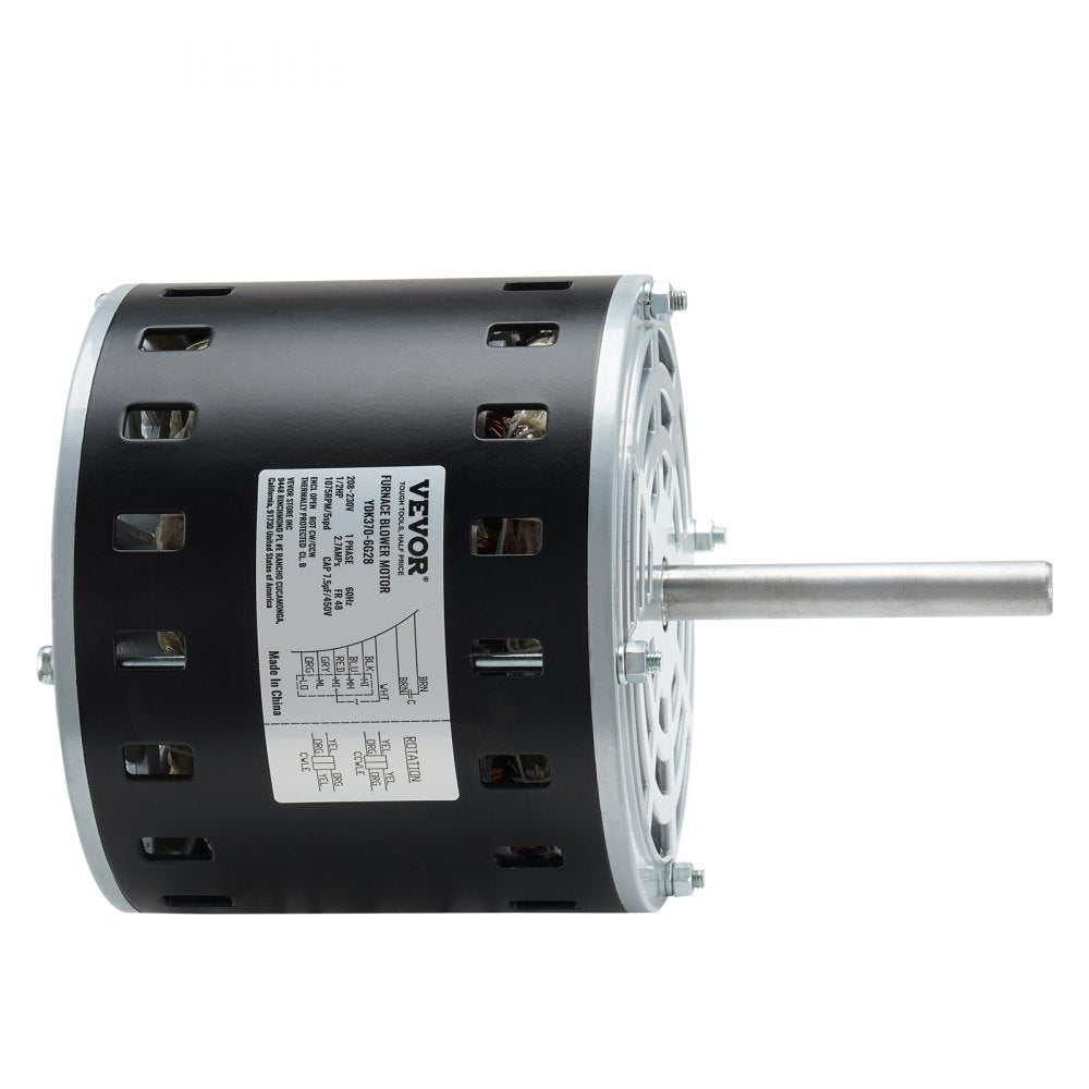 VEVOR 1/2HP Furnace Blower Motor, 208/230V 2.7Amps, 1075RPM 5 Speeds, CW/CCW Rotation, 48 Frame 3.4" Shaft Length, 7.5?F/450V Capacitor + 11" Hold Hoop 